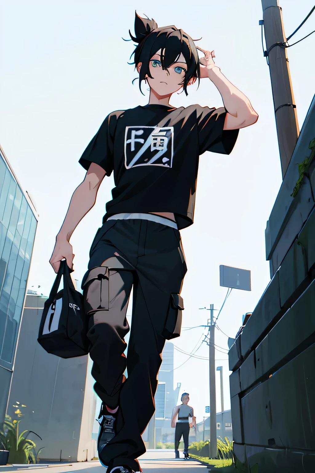anime boy, 25 year old boy, college boy with black hair, hair up, eyes lime green, Tall and sporty boy, black SPORTSWEAR, long t-shirt , cargo pants , seen from below, walking, dynamic angle, looking at the camera