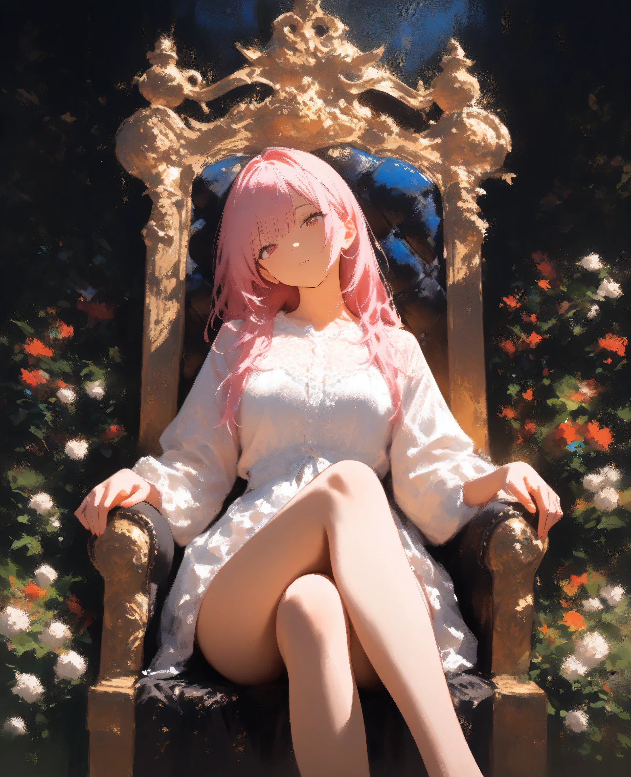 1girl, solo, princess, sitting, grasping knees, ash pink hair, longhair, hime cut, short blunt bangs and bare side forehead, melancholy, yellow eyes, holy dress, white thigh high, lace up boots, parted lips, small breast, white rose, lilies, fantasy atmosphere, dof, from side, sky castle garden