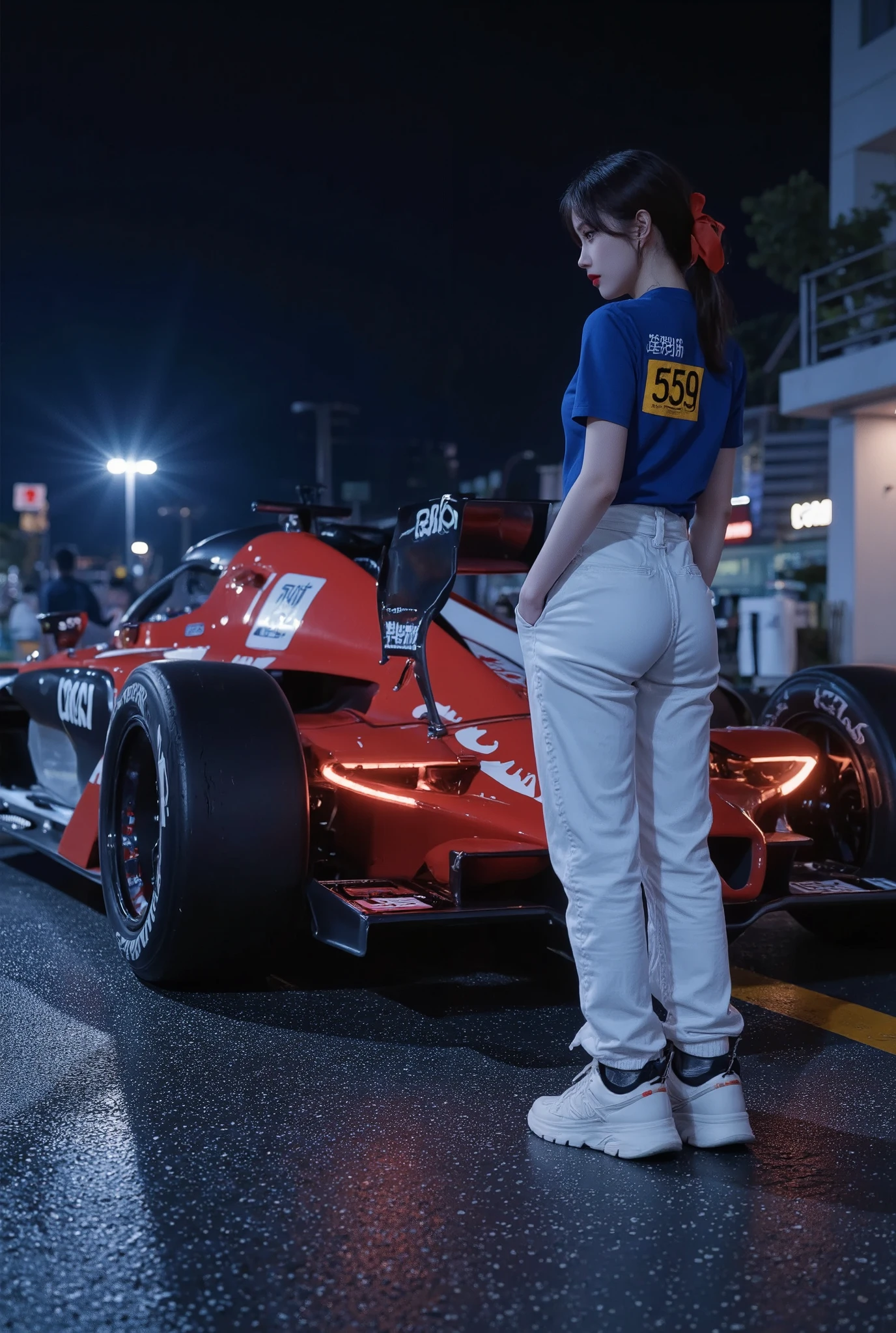 A cyberpunk-style digital illustration of a young woman standing next to a sleek Formula 1 race car at night. The car features an aggressive aerodynamic design, a large rear wing, and intricate air vents, giving it a high-performance racing aesthetic. The body is painted in a striking red with black and white accents, enhanced by glowing reflections from the neon-lit streets. The front wing is adorned with Japanese text, and the tires have a low-profile racing design, emphasizing speed and precision. The asphalt reflects the car’s vibrant color, with shadows cast by a dim overhead streetlight.

The young woman is dressed in a blue short-sleeved shirt tucked into loose white overalls with a yellow patch displaying '559' on her back. Her hair is tied in a high ponytail with a red ribbon. She wears chunky sneakers, emphasizing a 90s streetwear aesthetic. Her stance is relaxed, with hands in pockets, as she gazes at the Formula 1 car, exuding a calm and confident presence.

The scene is bathed in a moody, neon-noir atmosphere, with deep shadows and blue ambient lighting contrasting against the warm red of the Formula 1 car. The camera angle is a low shot, slightly tilted, focusing on the car's aerodynamic stance and the character’s presence. The art style is a mix of cyberpunk, retro-anime, and futuristic motorsport aesthetics, capturing the essence of speed, technology, and Japanese street racing culture