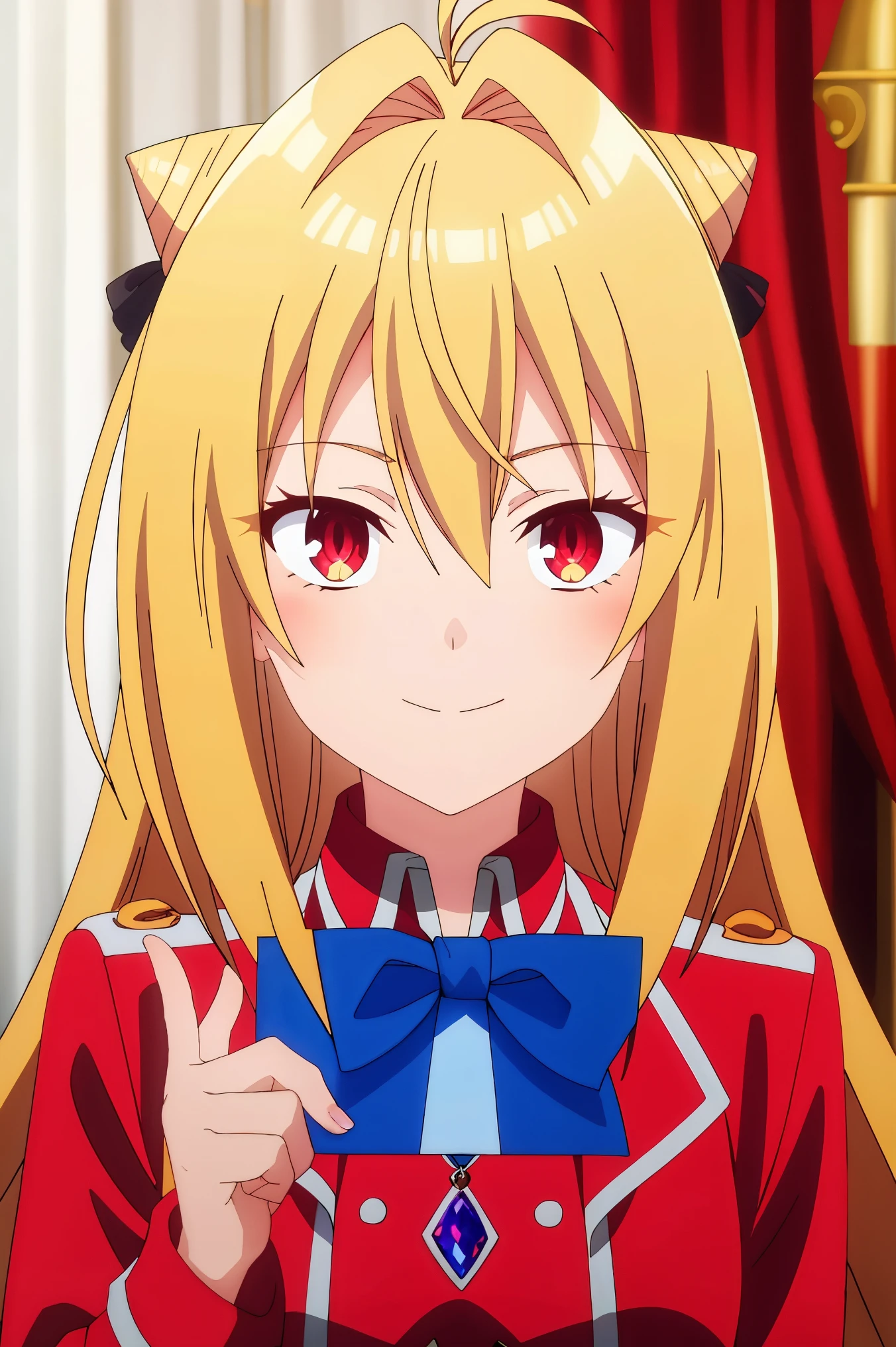 (( best quality )),(( very detailed)), Masterpiece ,absurdities, detailed face, pretty face,( detailed eyes , deep eyes ), 1girl,(( dynamic pose)) , terakomari , blond hair, long hair, Red eyes , one eye closed , One, smile, Looking at the viewer , a gift, ahoge, blue a gift, cone hair bun , turn red, hair bun , , cross hair between eyes, upper body , hair arrival , tape, long sleeves , closed mouth, chelka, blazer, a gifttie, hair tape, blue a gifttie, red blazer, holding, jewelry , very long hair, gemstone , indoors, double bun, peace sign, curtains, shirt, red shirt, , hair a gift
