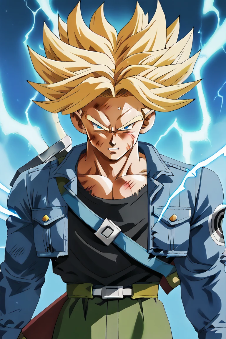 masterpiece, best quality, very aesthetic, absurdres, future trunks, 1boy, blonde hair, black tank top, blue open short jacket, electricity, floating rock, blue eyes, injury, looking at viewer, male focus, medium hair, muscular, pants, dark green pants, z sword, shirt, solo, spiked hair, super saiyan, super saiyan 2, upper body