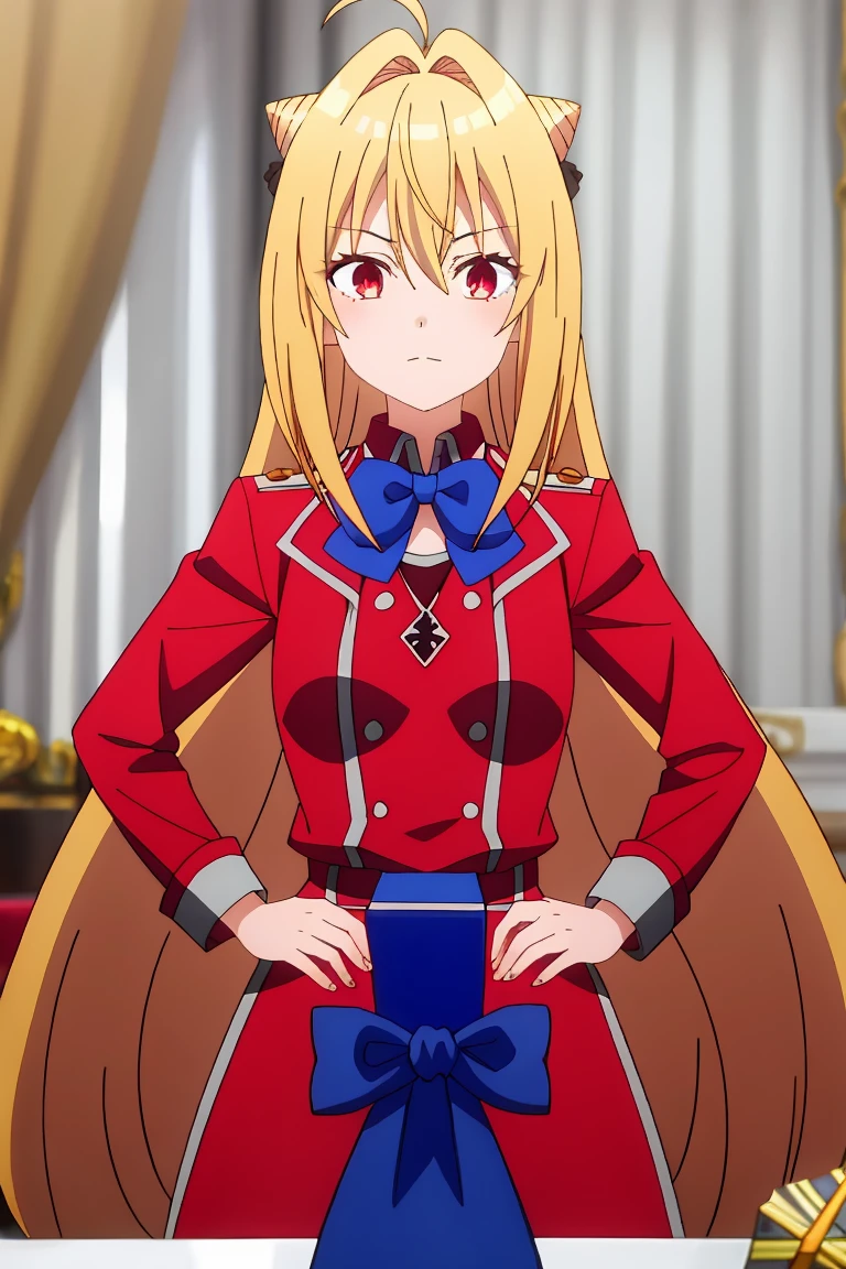 masterpiece, best quality, highly detailed, terakomari, very long hair, blonde hair, red eyes, hair bun, ahoge, hair between eyes, hair intakes, blue bow, belt, long sleeves, red jacket, white skirt, white thighhighs,She is very pregnant