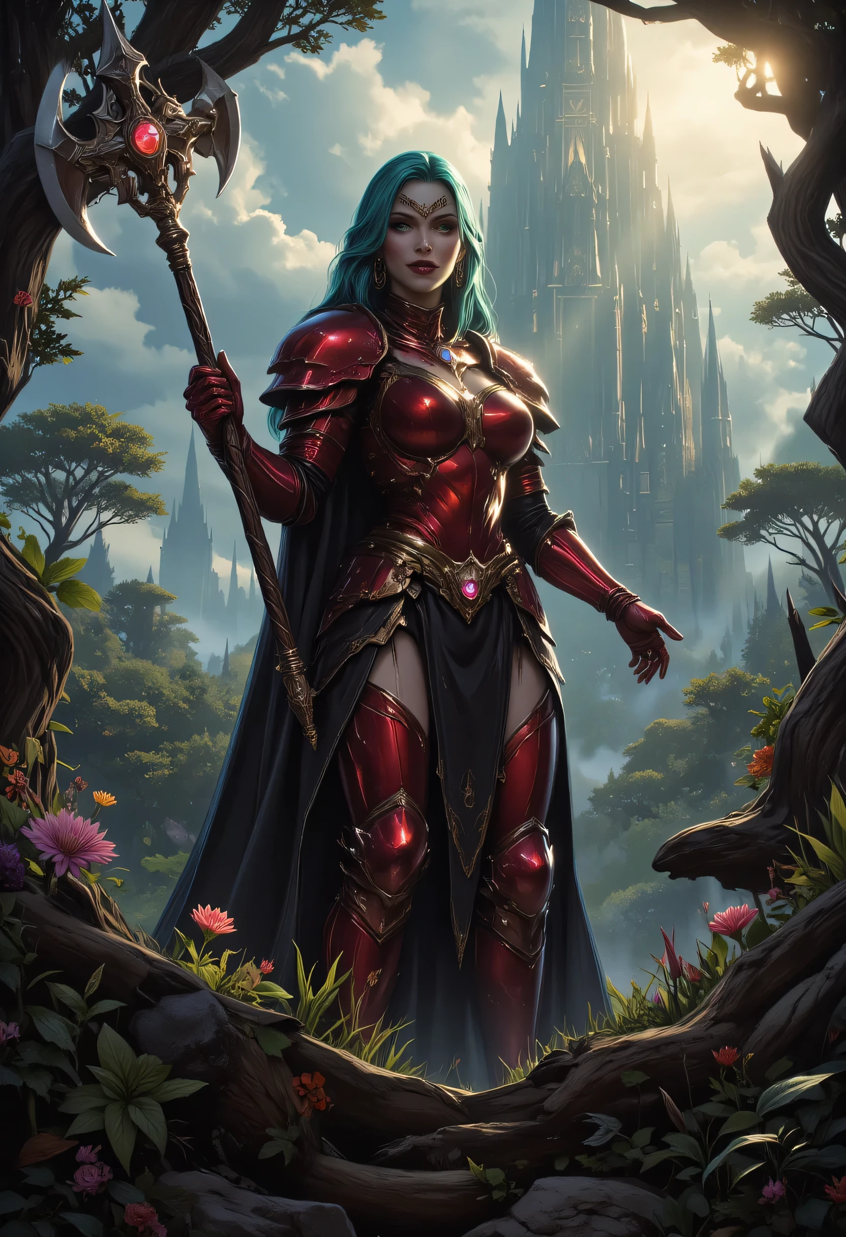 a fantasy art illustration of a  female giant knight armed with a mighty axe standing in a fantasy forest, (((she is taller than the trees: 1.3))) a wild beautiful, exotic beautiful giant knight, ((anatomically correct: 1.5), (ultra detailed face: 1.2), best detailed face, green hair color, dynamic hair style, armed with a giant axe, shiny axe, its blade reflects the sunlight, studded with gems, wearing red glass armor, wearing ((black leather jacket)), colorful flowers entwined in her axe, dynamic armor color, wearing high heeled boots, standing near a fantasy temple, magnificent temple, in a dark forest, plenty of trees,  with a tower, clouds in the sky some sun rays, vibrant, Hyperrealism style, vibrant, Ultra-high resolution, High Contrast, (masterpiece:1.5), highest quality, Best aesthetics), best details, best quality, highres, ultra wide angle, 16k, [ultra detailed], masterpiece, best quality, (extremely detailed) RAW, invert color, Irelia, ne0nfant4sy