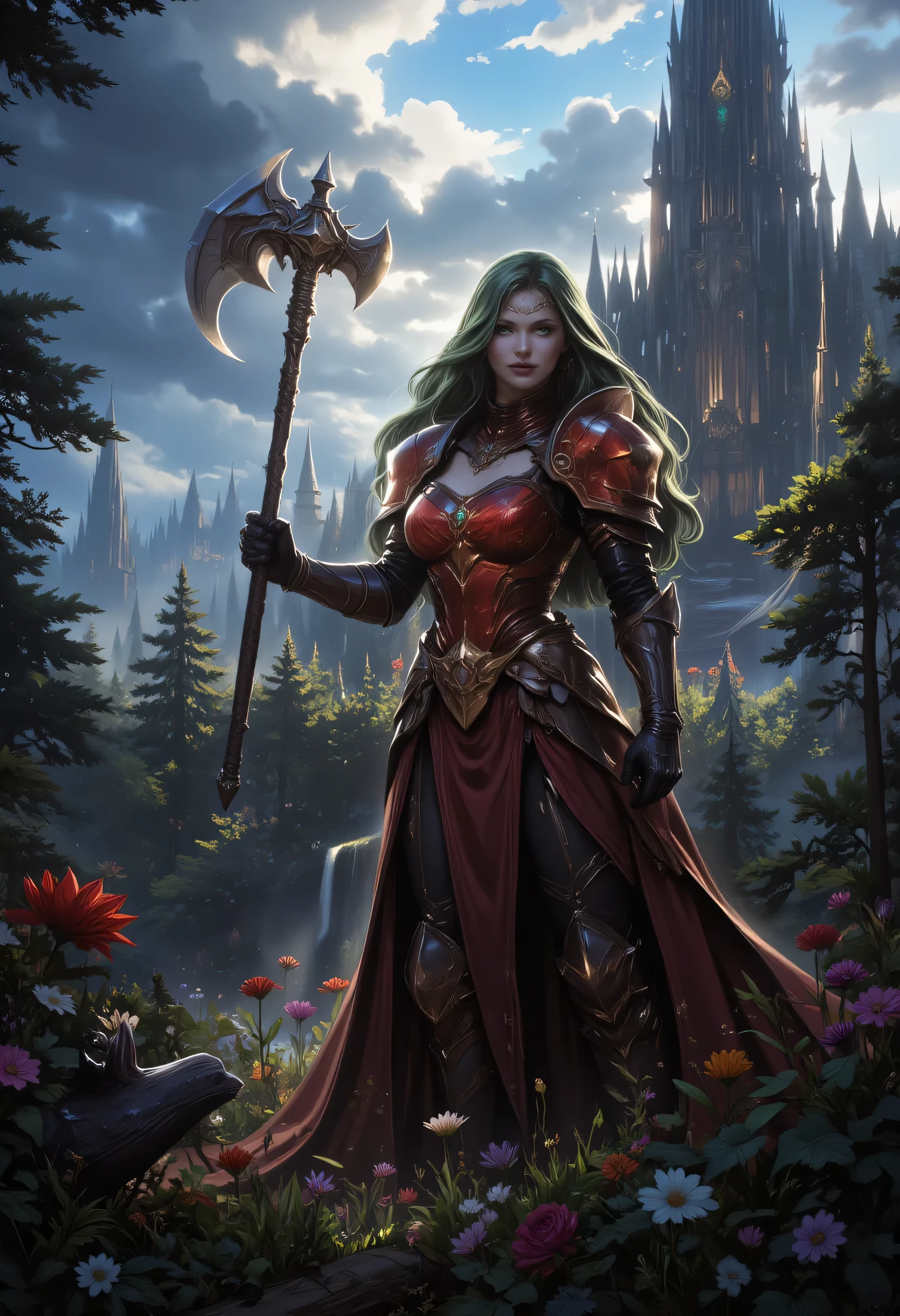 a fantasy art illustration of a  female giant knight armed with a mighty axe standing in a fantasy forest, (((she is taller than the trees: 1.3))) a wild beautiful, exotic beautiful giant knight, ((anatomically correct: 1.5), (ultra detailed face: 1.2), best detailed face, green hair color, dynamic hair style, armed with a giant axe, shiny axe, its blade reflects the sunlight, studded with gems, wearing red glass armor, wearing ((black leather jacket)), colorful flowers entwined in her axe, dynamic armor color, wearing high heeled boots, standing near a fantasy temple, magnificent temple, in a dark forest, plenty of trees,  with a tower, clouds in the sky some sun rays, vibrant, Hyperrealism style, vibrant, Ultra-high resolution, High Contrast, (masterpiece:1.5), highest quality, Best aesthetics), best details, best quality, highres, ultra wide angle, 16k, [ultra detailed], masterpiece, best quality, (extremely detailed) RAW, invert color, Irelia, ne0nfant4sy