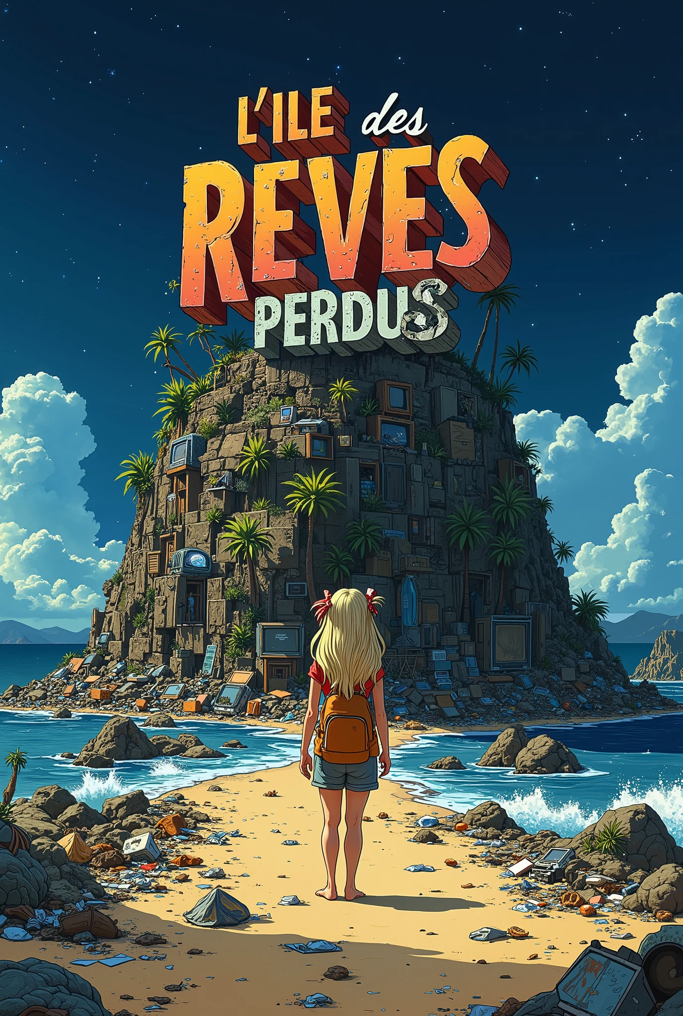 Very detailed, fantastic, cool and fanciful illustration of a movie poster featuring the title “L'ÎLE des REVES PERDUS” made in recycled waste and trash damaged 3D letters in a grunge, gross, cartoon and funny ish font, this title on top of a little nasty polluted strange island hill of trash, with a dirty ocean around filled with black oil, plastic bottles, plastic bags and stuffs, cardboards, papers, boxes, computers, electronic things, tv screens, miscellaneous equipment and cans floating on water with waste and rubbished waves. A young long blonde hair with pigtails girl is seen from back, standing on the sand of the seaside beach on a sandy filthy path leading to this island joining the beach to the island, littered with rubbish. The girl is in front of this title, holding a backpack and her hands raised on her hips, looking at the title. Some weird creatures hidden in the landscape. Sunset lighting colors mood, backlight, nighty blue sky and stars at dusk with clouds in the dreamlike background, fantasy, original dynamic perspective angle and creative point of view