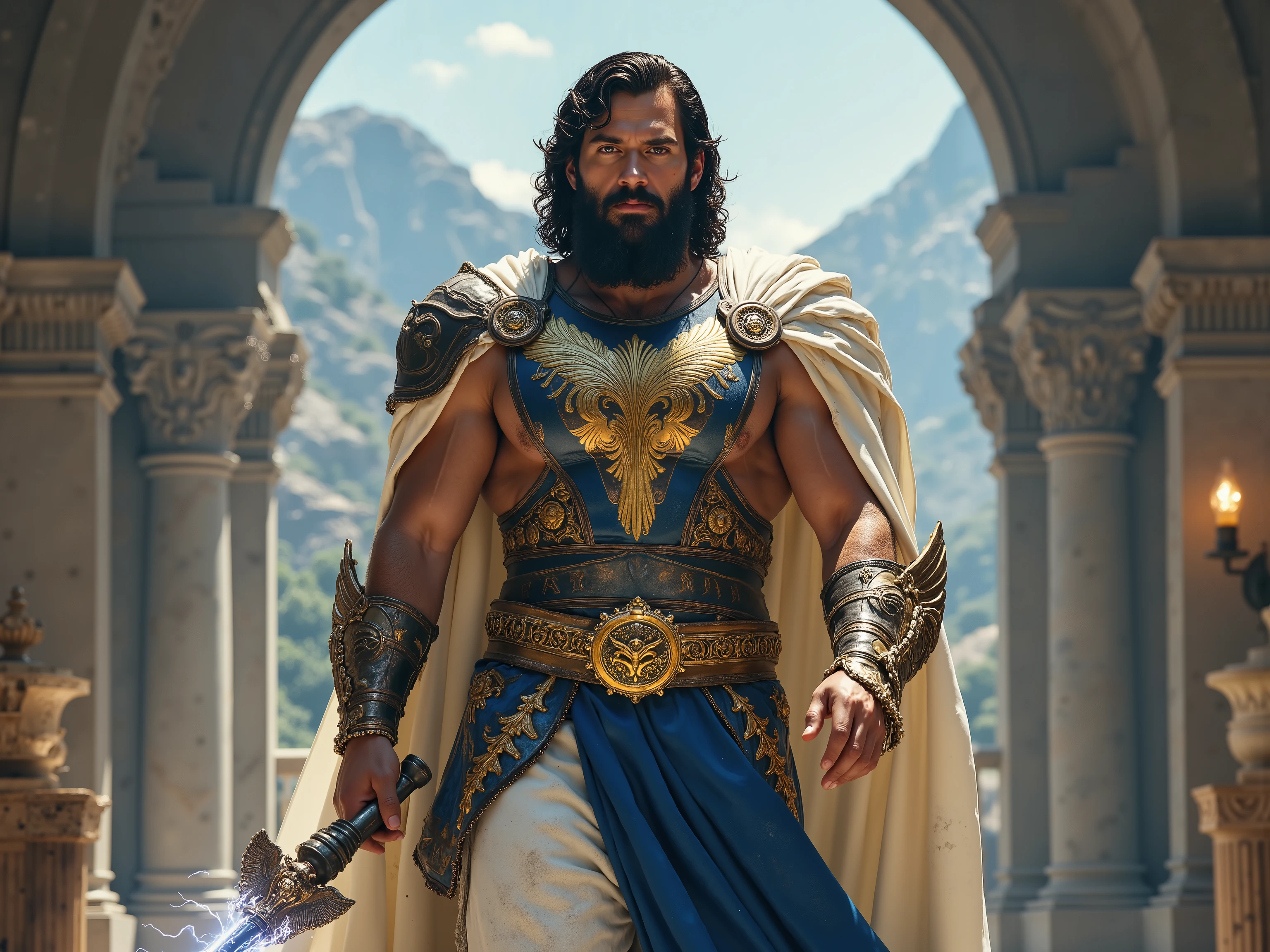 Henry Cavill reimagined as a majestic Greek god Zeus walking and holding massive lightning bolt、dramatic atmosphere, 1 male、
A towering, godlike presence with broad shoulders and a chiseled physique radiating raw power. Thick, wavy silver-streaked hair flows past strong features, framing a noble brow and a full black beard. Storm-gray eyes hold the weight of divine authority, exuding wisdom and dominance.
A flowing robe of royal blue and gold, crafted from celestial silk, embroidered with swirling thunderbolts. Over it, a sculpted breastplate of gold and polished white marble, engraved with Olympian motifs, enhances an imposing stature. A broad, jewel-encrusted belt secures the robe, while a flowing white and gold cape, fastened by an eagle-shaped brooch, cascades from the shoulders. Heavy golden bracers etched with celestial runes wrap around powerful forearms. In his grasp, a massive lightning bolt crackles with divine power, ready to command the skies.
, shows his male character's full figure, athletic body, perfect face, full body, extremely beautiful, god, male shape, perfect anatomy, The background showcases the majestic architecture of Mount Olympus, with grand marble arches, towering golden spires, and ethereal clouds, photorealistic, masterpiece, realistic, high contrast, 8k, HD, high definition detailed, detailed, hyper detailed, realistic skin texture, best quality, ultra high resolution, hyper realistic, no text, very detailed eyes, dramatic lighting