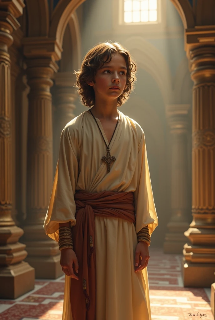 a close up of a young boy wearing a robe and a hood, wearing a hooded cloak, wearing a luxurious cloak, wearing gilded robes, gold and white cloak, a stunning young ethereal figure, portrait of a young elf wizard, wearing a luxurious silk cloak, robed, dressed in cloak, inspired by Frederick Lord Leighton, young blonde boy fantasy thief