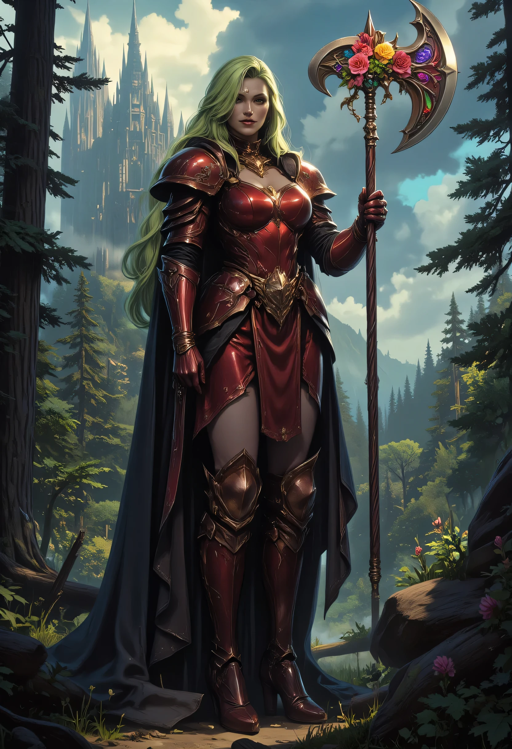 a fantasy art illustration of a  female giant knight armed with a mighty axe standing in a fantasy forest, (((she is taller than the trees: 1.3))) a wild beautiful, exotic beautiful giant knight, ((anatomically correct: 1.5), (ultra detailed face: 1.2), best detailed face, green hair color, dynamic hair style, armed with a giant axe, shiny axe, its blade reflects the sunlight, studded with gems, wearing red glass armor, wearing ((black leather jacket)), colorful flowers entwined in her axe, dynamic armor color, wearing high heeled boots, standing near a fantasy temple, magnificent temple, in a dark forest, plenty of trees,  with a tower, clouds in the sky some sun rays, vibrant, Hyperrealism style, vibrant, Ultra-high resolution, High Contrast, (masterpiece:1.5), highest quality, Best aesthetics), best details, best quality, highres, ultra wide angle, 16k, [ultra detailed], masterpiece, best quality, (extremely detailed) RAW, invert color, Irelia, ne0nfant4sy