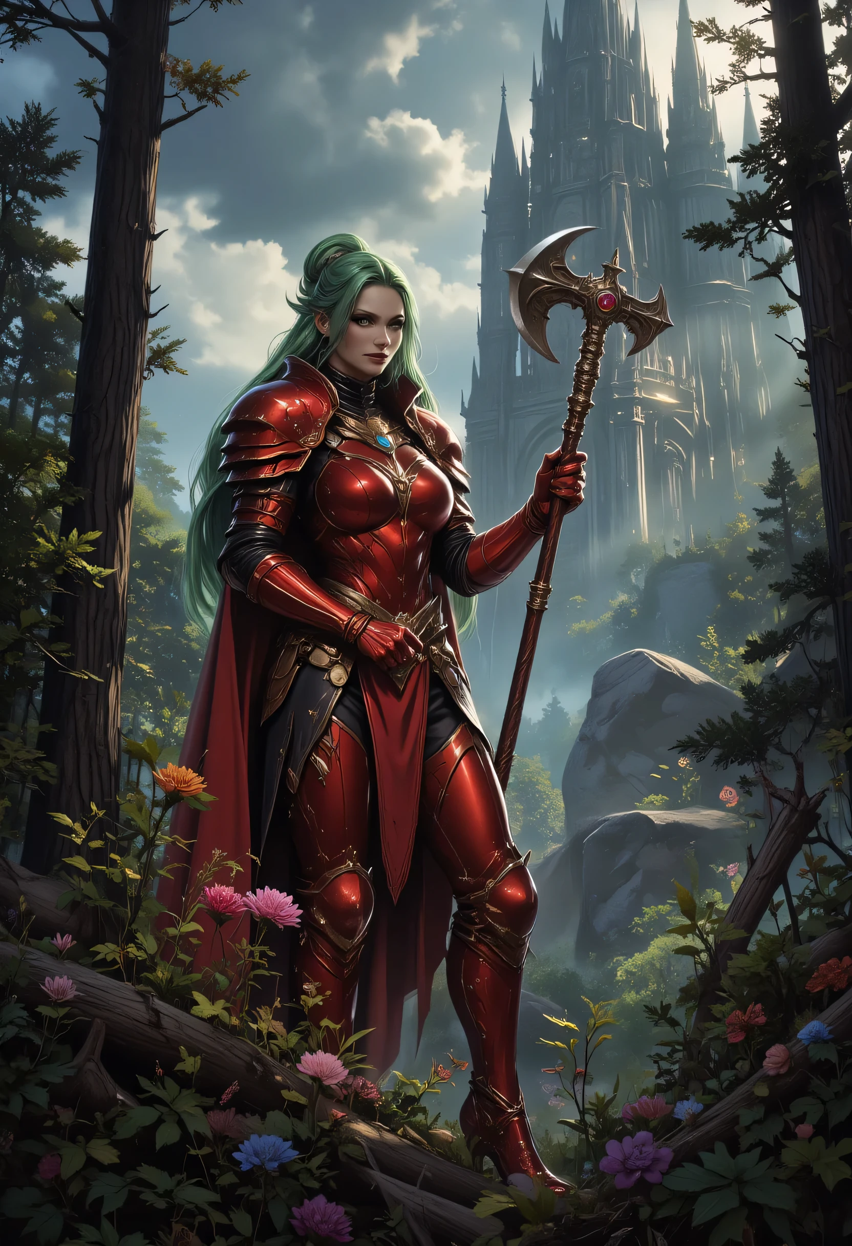 a fantasy art illustration of a  female giant knight armed with a mighty axe standing in a fantasy forest, (((she is taller than the trees: 1.3))) a wild beautiful, exotic beautiful giant knight, ((anatomically correct: 1.5), (ultra detailed face: 1.2), best detailed face, green hair color, dynamic hair style, armed with a giant axe, shiny axe, its blade reflects the sunlight, studded with gems, wearing red glass armor, wearing ((black leather jacket)), colorful flowers entwined in her axe, dynamic armor color, wearing high heeled boots, standing near a fantasy temple, magnificent temple, in a dark forest, plenty of trees,  with a tower, clouds in the sky some sun rays, vibrant, Hyperrealism style, vibrant, Ultra-high resolution, High Contrast, (masterpiece:1.5), highest quality, Best aesthetics), best details, best quality, highres, ultra wide angle, 16k, [ultra detailed], masterpiece, best quality, (extremely detailed) RAW, invert color, Irelia, ne0nfant4sy