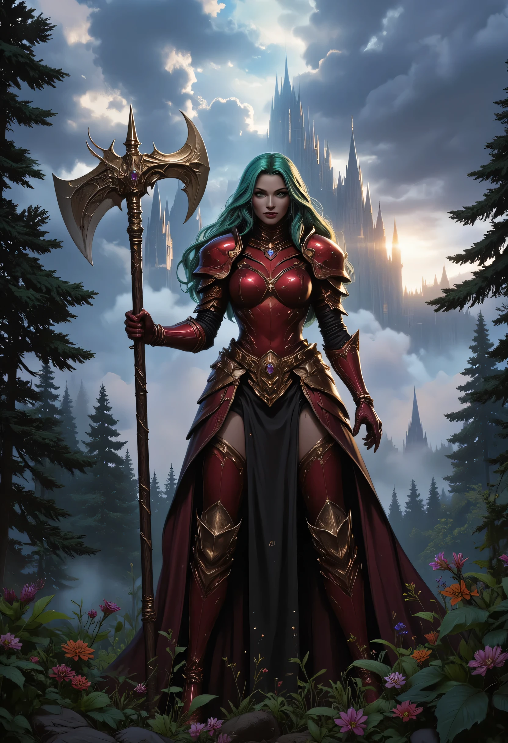 a fantasy art illustration of a  female giant knight armed with a mighty axe standing in a fantasy forest, (((she is taller than the trees: 1.3))) a wild beautiful, exotic beautiful giant knight, ((anatomically correct: 1.5), (ultra detailed face: 1.2), best detailed face, green hair color, dynamic hair style, armed with a giant axe, shiny axe, its blade reflects the sunlight, studded with gems, wearing red glass armor, wearing ((black leather jacket)), colorful flowers entwined in her axe, dynamic armor color, wearing high heeled boots, standing near a fantasy temple, magnificent temple, in a dark forest, plenty of trees,  with a tower, clouds in the sky some sun rays, vibrant, Hyperrealism style, vibrant, Ultra-high resolution, High Contrast, (masterpiece:1.5), highest quality, Best aesthetics), best details, best quality, highres, ultra wide angle, 16k, [ultra detailed], masterpiece, best quality, (extremely detailed) RAW, invert color, Irelia, ne0nfant4sy