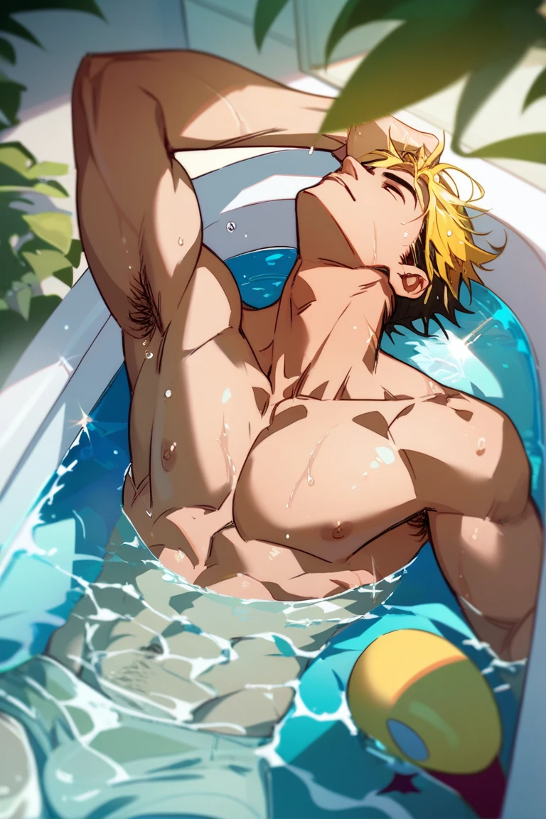 male focus, male, , bathing, bathtub, shirtless, pharynx, muscle , big , , armpit hair, relaxed, water retention on the body, wet body, wet hair, yellow hair, head back, top view, 