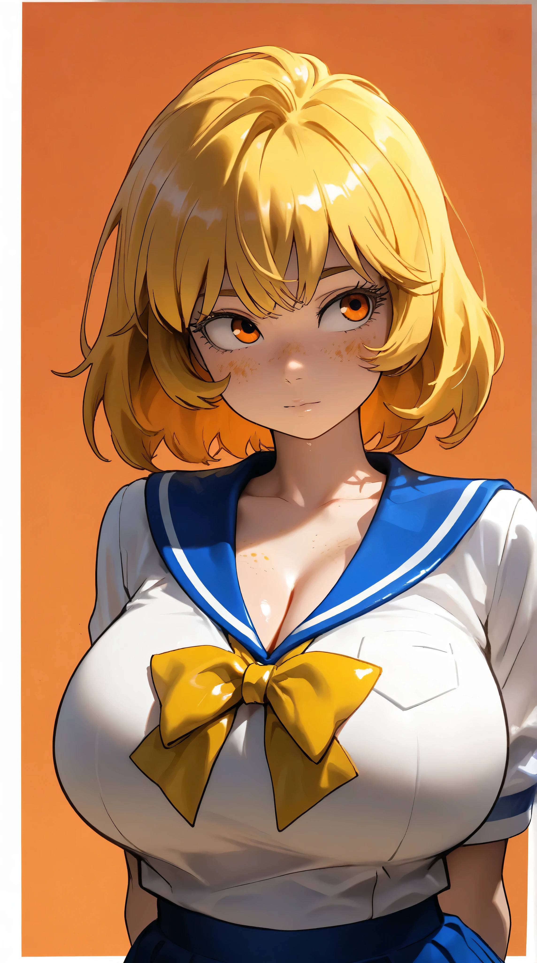 One young asian girl、Sailor suit, bangs、freckles、high school girl、sexy pose, yellow hair, big orange eyes, huge breasts, cleavage, (clean background), arms behind back, shiny skin, (eyes looking off to side), Highly detailed, Amazing work,Vitreous luster, yellows, orange, whites, Best quality at best, orange background, yellow background, white background,