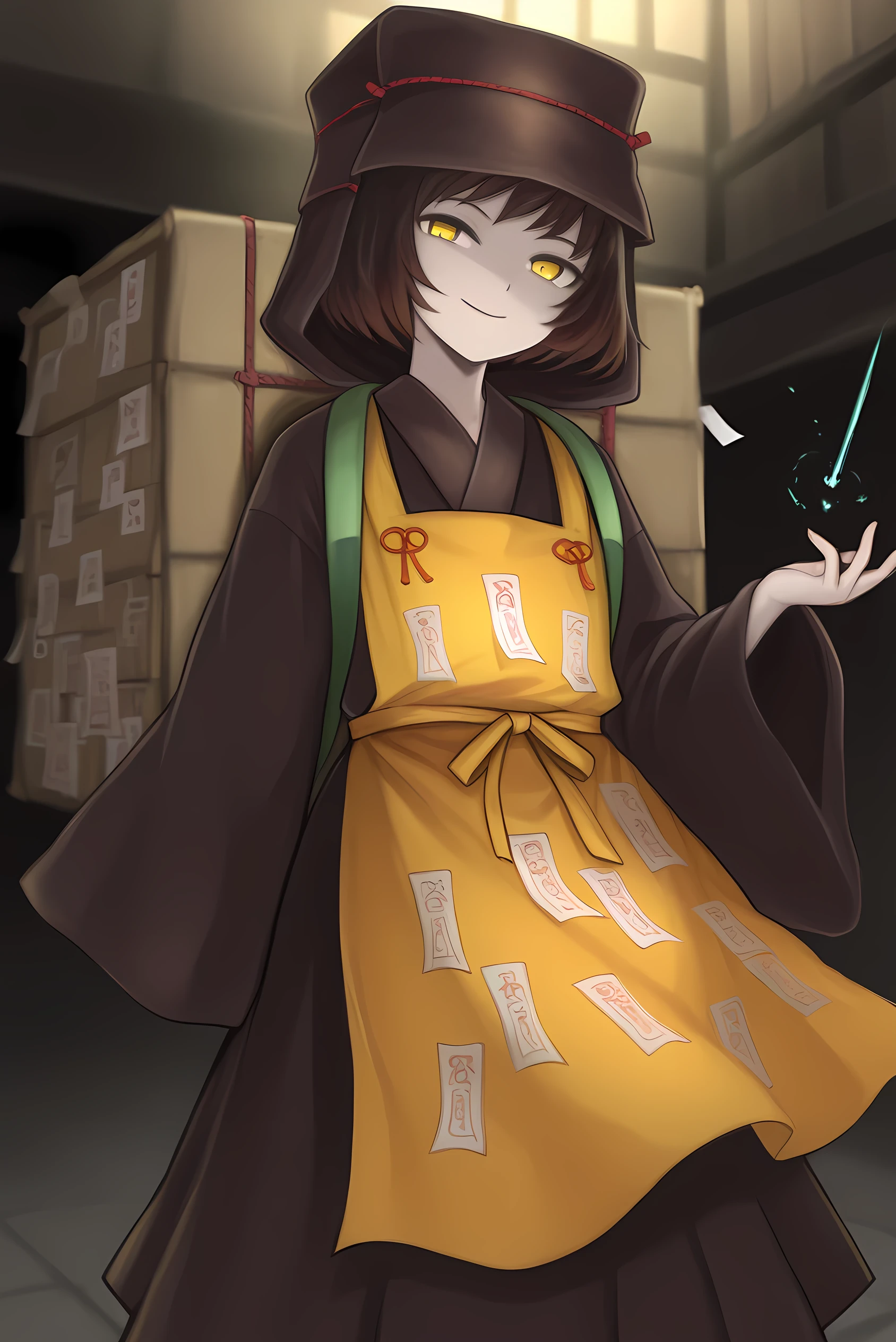 safe_pos, 

1girl, solo, Kagetsumugi, short hair, brown hair, yellow eyes, black kimono, very long sleeves, wide sleeves, hood, yellow apron, ofuda, (ofuda in apron), backpack,

Smile, standing,

gbf_style, 748cmstyle,

BREAK,

score_9, score_8_up, score_7_up, score_6_up, dramatic lighting, soft shading, pureerosface_v1, quality, amazing quality, masterpiece, absurdres