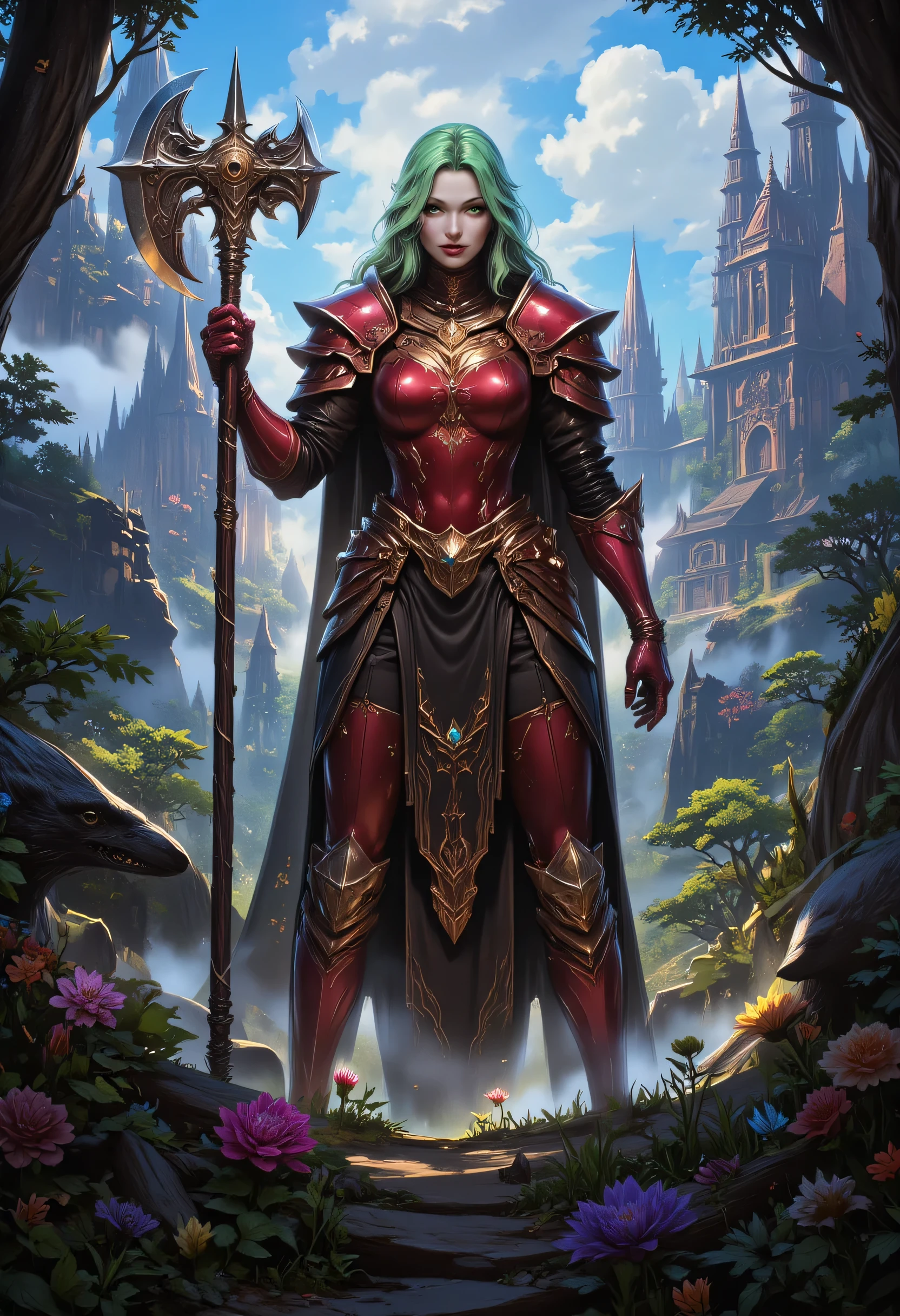 a fantasy art illustration of a  female giant knight armed with a mighty axe standing in a fantasy forest, she is taller than the trees, a wild beautiful, exotic beautiful giant knight, ((anatomically correct: 1.5), (ultra detailed face: 1.2), best detailed face, green hair color, dynamic hair style, armed with a giant axe, shiny axe, its blade reflects the sunlight, studded with gems, wearing red glass armor, wearing ((black leather jacket)), colorful flowers entwined in her axe, dynamic armor color, wearing high heeled boots, standing near a fantasy temple, magnificent temple, in a dark forest, plenty of trees,  with a tower, clouds in the sky some sun rays, vibrant, Hyperrealism style, vibrant, Ultra-high resolution, High Contrast, (masterpiece:1.5), highest quality, Best aesthetics), best details, best quality, highres, ultra wide angle, 16k, [ultra detailed], masterpiece, best quality, (extremely detailed) RAW, invert color, Irelia, ne0nfant4sy