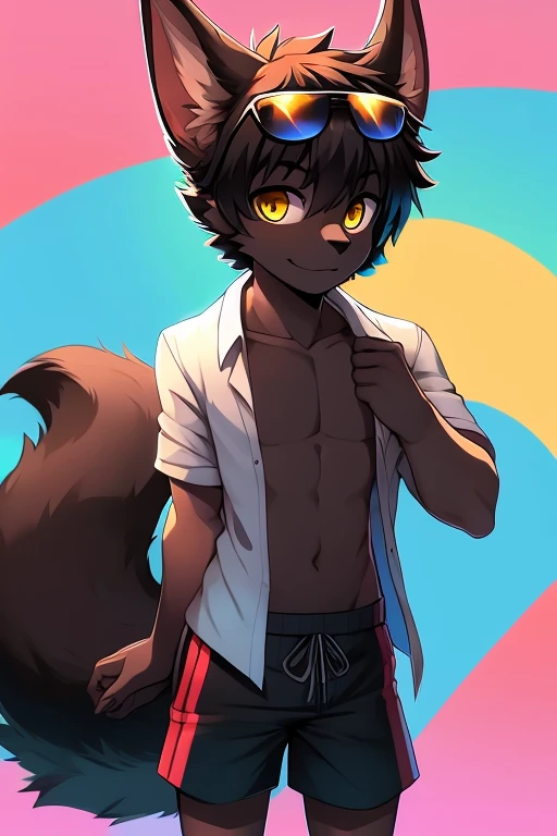Wolf boy 10–12 years old stands in the bathtub.., he wears a black top and black short shorts, Furry, little smile
