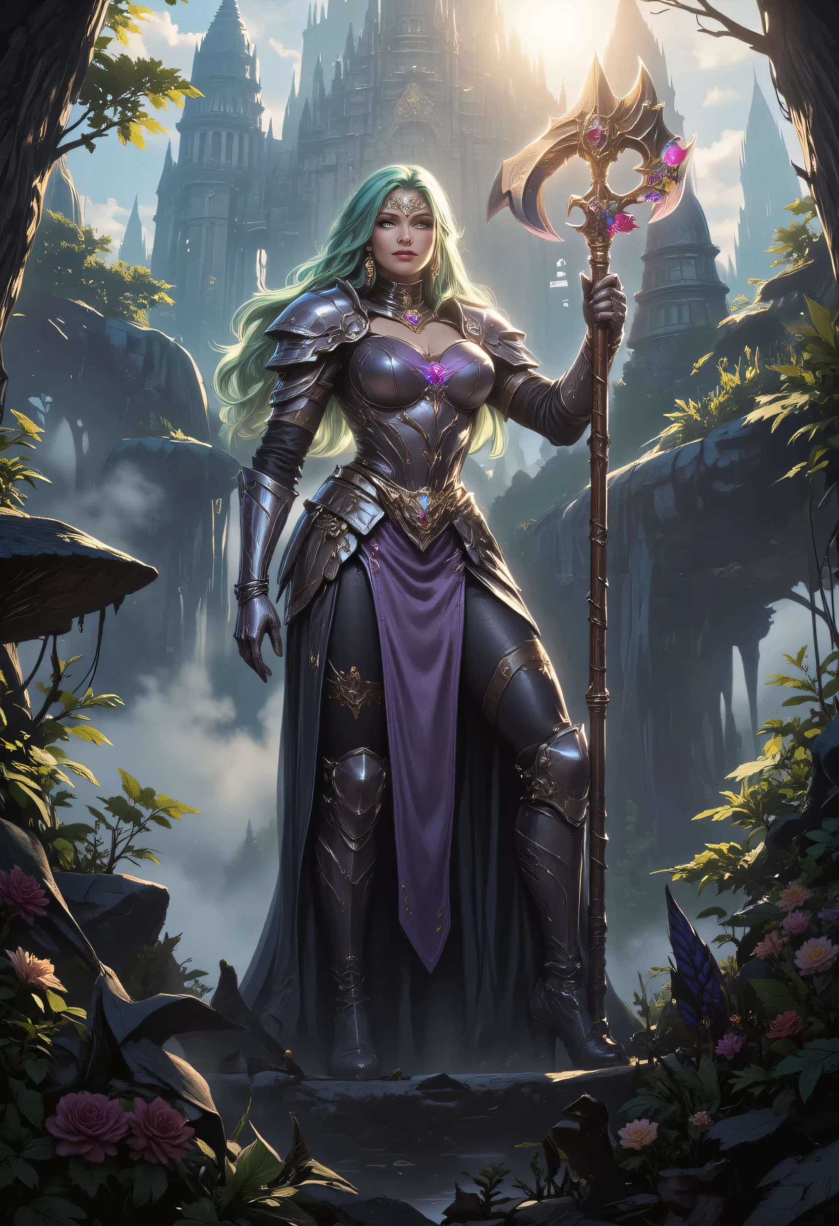 a fantasy art illustration of a  female giant knight armed with a mighty axe standing in a fantasy forest, she is taller than the trees, a wild beautiful, exotic beautiful giant knight, ((anatomically correct: 1.5), (ultra detailed face: 1.2), best detailed face, green hair color, dynamic hair style, armed with a giant axe, shiny axe, its blade reflects the sunlight, studded with gems, wearing lavender glass armor, wearing black leather jacket, colorful flowers entwined in her axe, dynamic armor color, wearing high heeled boots, standing near a fantasy temple, magnificent temple, in a dark forest, plenty of trees,  with a tower, clouds in the sky some sun rays, vibrant, Hyperrealism style, vibrant, Ultra-high resolution, High Contrast, (masterpiece:1.5), highest quality, Best aesthetics), best details, best quality, highres, ultra wide angle, 16k, [ultra detailed], masterpiece, best quality, (extremely detailed) RAW, invert color, Irelia, ne0nfant4sy