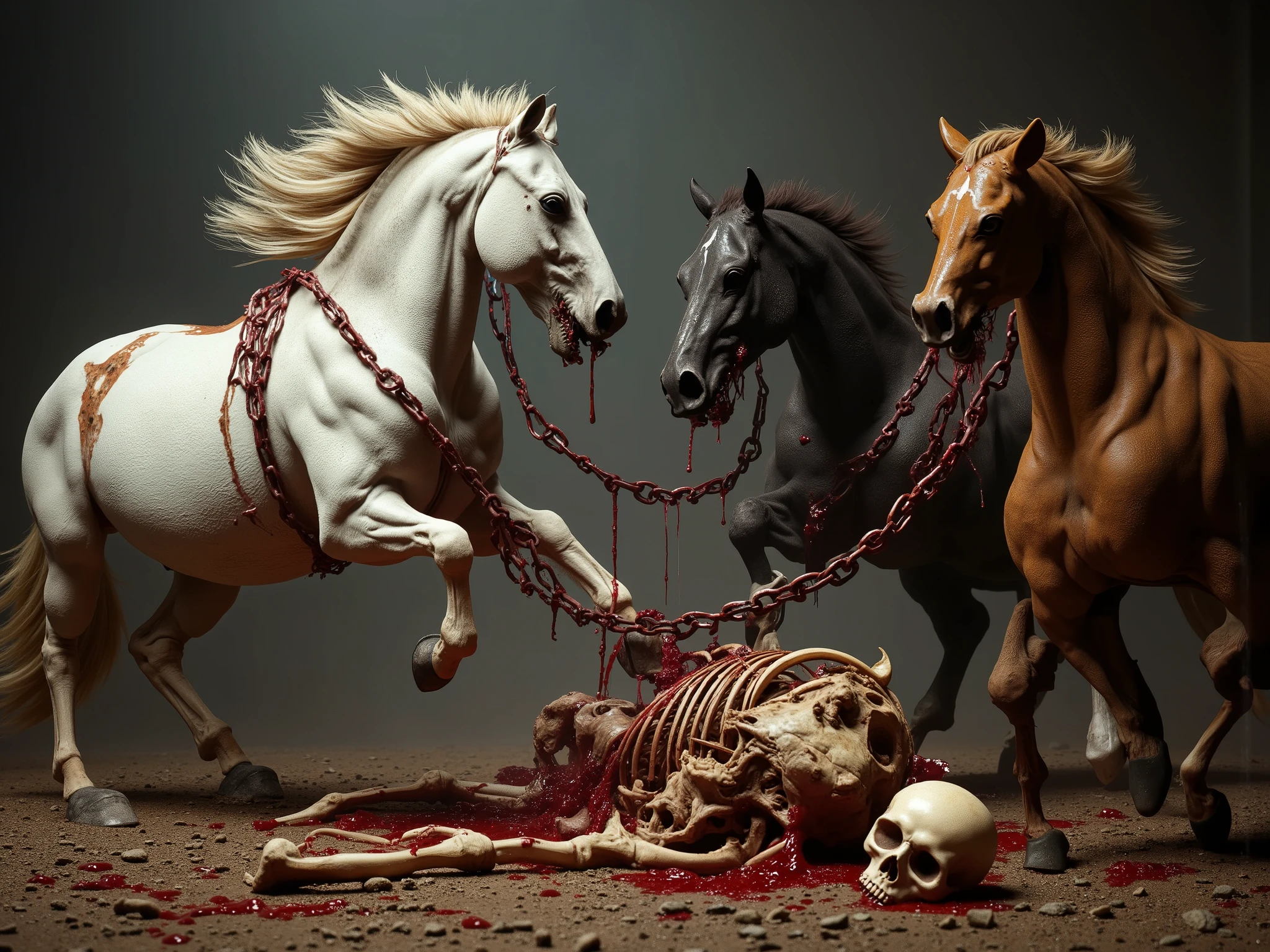 four horses devouring a skeleton, in ancient Greece, mythological, cinematic, dramatic. The horses are colored white, black, chestnut, and caramel. dragging thick chains. flesh, blood, guts. bloody skeleton with guts hanging out. perfect anatomy, skull, bones,