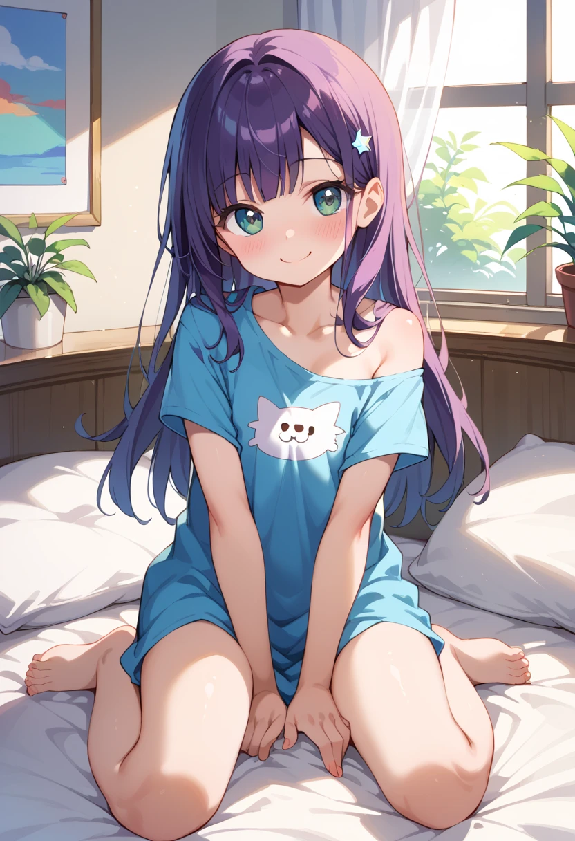 (( top quality)), (( Masterpiece)), (be familiar with), perfect face , indoor, bedroom, viewers sitting,
One woman, Yuchi Aomigana,
開いた口, ecstatic expression, blush, smile,
small tits, file, Young girl, lori, s, girl,
long hair, long hair,
open,
