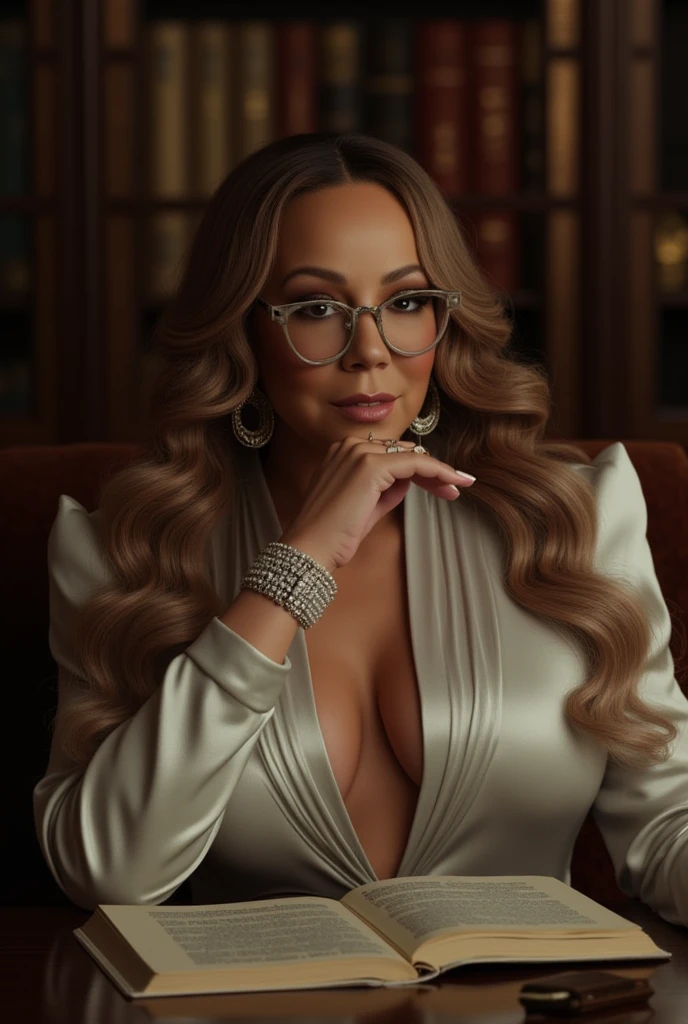 beautiful young lady (Mariah Carey), (22 anos), long Green en robe de soie noire et avec de la fumée noir à la place du haut du visage. Debout sur un îlot rocheux flottant dans l'espace devant un arbre avec des yeux à la place des feuilles.