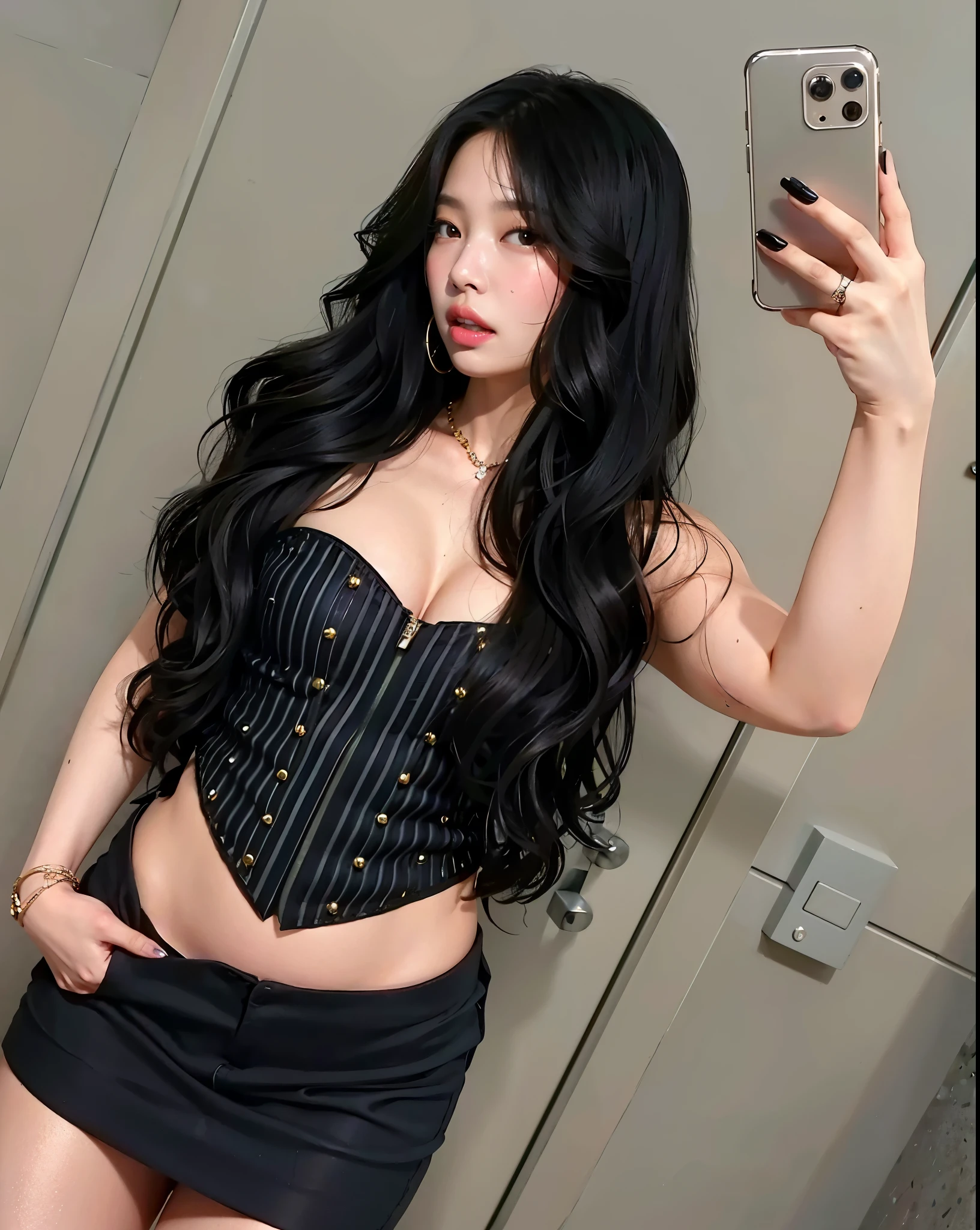 Jennie blackpink with a very curly hair Very wavy and perfect strands, image rendered to the best quality allowed and possible, jennie kim from blackpink face, absolutely flawless woman with the face of Jennie Kim's appearance, she has all the facial details very detailed, ultra mega detailed eyes, ultra mega detailed mouth. Every detail of your face is extremely rendered to have the best quality and look absolutely wonderful. BlackPink's Jennie with long wavy hair, realistic and extremely realistic and flawless image.
