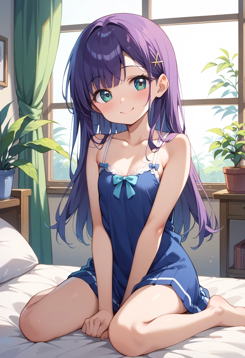 (( top quality)), (( Masterpiece)), (be familiar with), perfect face , indoor, bedroom, viewers sitting,
One woman, Yuchi Aomigana,
開いた口, ecstatic expression, blush, smile,
small tits, file, Young girl, lori, s, girl,
long hair, long hair,
open,