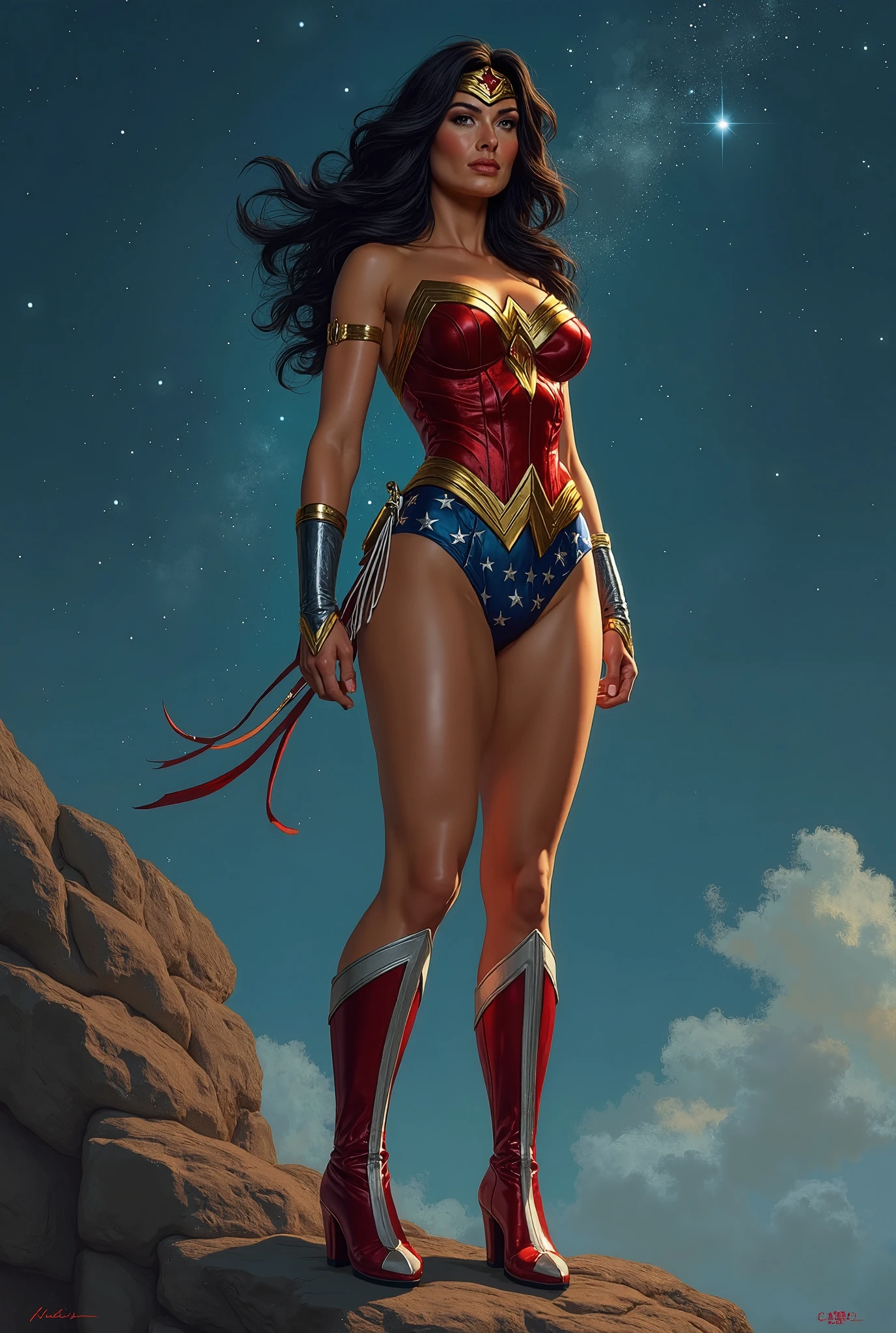 masterpiece, best quality, 1girl, wonder woman, solo, leotard, boots, space, space backdrop, stand, hand on hip,