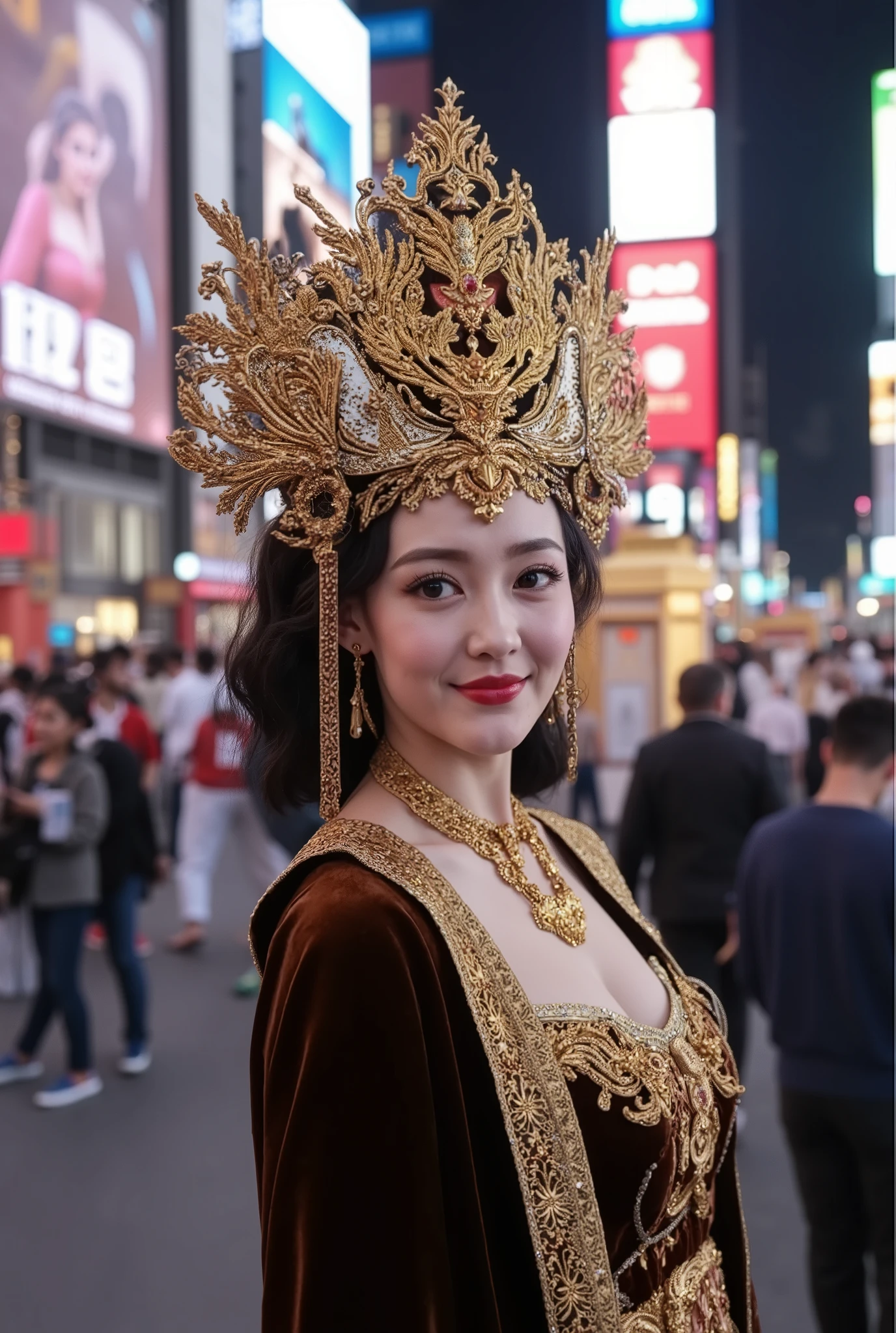 (cowboy shot), best quality,(1 22yo beauy girl), (smile:1.2), (Masterpiece,Best quality, 32k, UHD, Sharp focus), High contrast,HDR,trending on artstation,Hyper-detailed,intricate details,Hyper-Realistic,Award-Winning Photo,Kodachrome 800, focus, perfect body beauty, highly detailed face and skin texture, (very light and white skin), delicate eyes, double eyelids, whitened skin, Young beauty spirit, (Intense lighting from the front) ((The hair style and color is random, the necklace is random, the earrings are random), ((Wearing a dark brown velvet long dress with a gold leaf pattern)). (Gold belts and decorations hang down to the knees). (A golden headdress adorned with extravagant jewels). (The background is Times Square in New York), ((Create an image with a beautifully composed background, featuring a diminutive model in the foreground)), The overall atmosphere is bright and colorful. Ultra-clear, ultra-detailed, ultra-realistic.