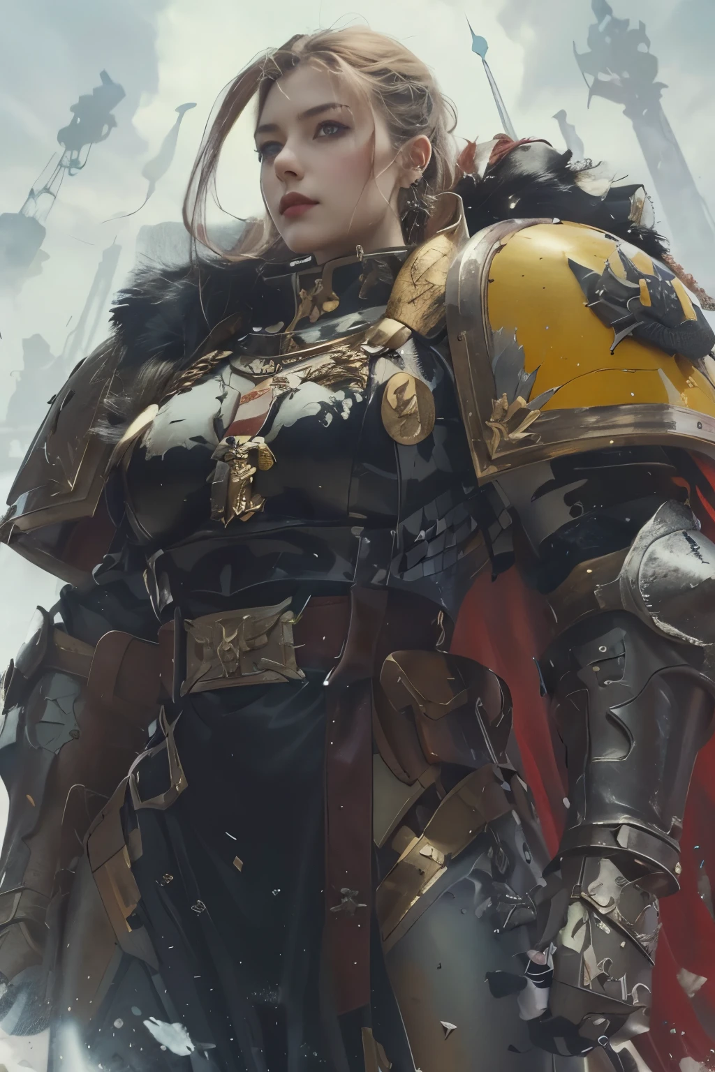 black armor with yellow details {x} a close up of a woman with armor and sword, portrait of female paladin , war hammer art , female paladin , picture of female paladin , hair with socket in Warhammer , Wojtek FUS, war hammer style , Warhammer 4 0 K Fantasy , art of the war hammer 4 0k , fantasy woman champion , war hammer art 4 0k, gorgeous female paladin