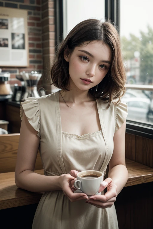 (realistic、High resolution:1.3)、1 girl with perfect figure、super thin face and eyes、short hair、Tank top:1 in random color.2、short jeans、at the cafe、coffee on the table、big breasts、