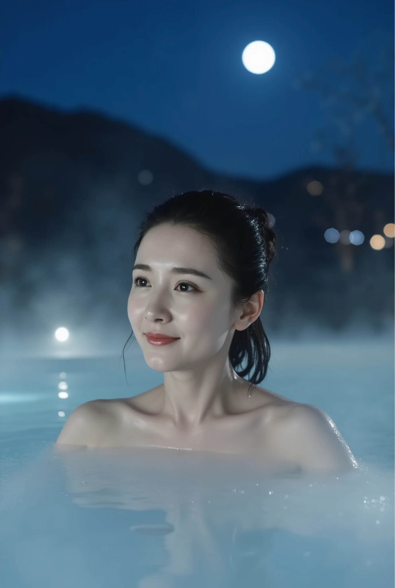 a Asian woman with fair, smooth skin smile in a snowy winter night, submerged in the steaming waters of a hot spring in Ginzan Onsen, Japan. Mist rises in the air, with lights visible in the background and the full moon casting a soft glow. The shot is a long length, with a film grain and cool color grading, capturing the lifelike rendering and photorealism of the scene, and creating a serene and romantic atmosphere.
