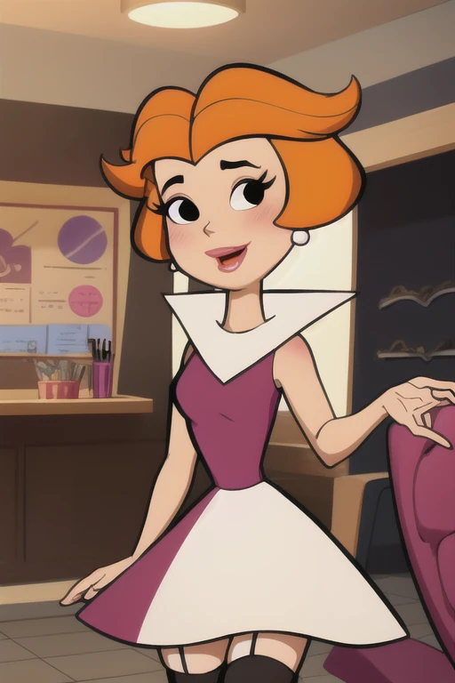 masterpiece, best quality, 1girl, jane, orange hair, short hair, black eyes, makeup, lipstick, earrings, blush, smile, lenceria, stockings, looking at viewer, solo, indoors
