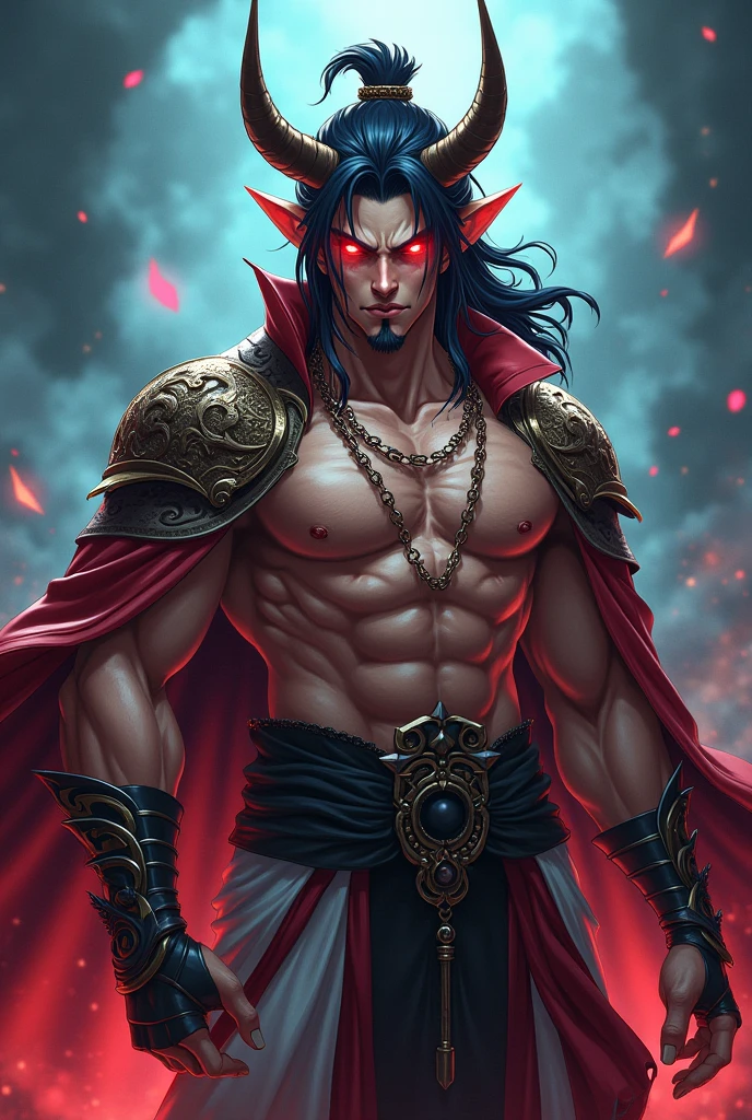 handsome muscular man with long straight black hair and red eyes, bare torso, tight clothes, masculine, defined eyes, dark prince fantasy clothes, bare torso, bare chest, pecs, defined details, 4k, maximum resolution, full hd, high quality