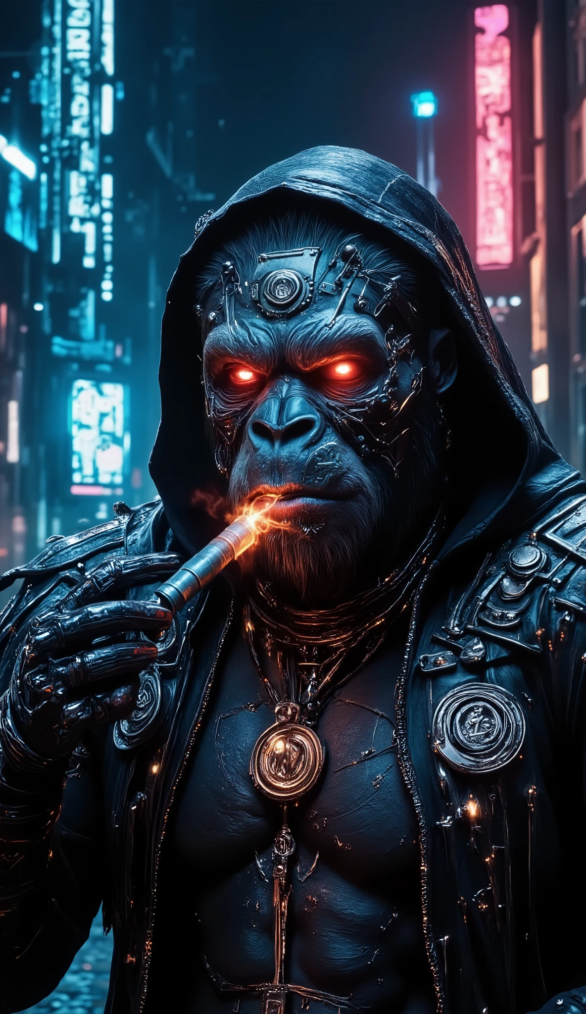 Create a cyberpunk-style portrait of a futuristic gorilla with a rugged, battle-worn appearance. His face is scarred, with piercing, glowing cybernetic eyes and a mechanical eyepatch covering one side. His fur is a mix of natural texture and metallic implants, seamlessly integrated into his muscular frame.
He wears a high-tech, heavy-duty jacket adorned with intricate cybernetic details, glowing symbols, and metallic emblems. His hood is slightly raised, casting dramatic shadows over his intense expression. His breath emits a faint neon mist in the cold night air.
He smokes a futuristic, glowing neon cigar with mysterious symbols engraved on it, the ember pulsing with energy. Around his neck, a cluster of cybernetic wires and glowing components connect to his body, reinforcing his enhanced nature.
The background showcases a futuristic neon-lit cityscape with towering skyscrapers, blurred cybernetic billboards, and a mix of blue and red lighting that reflects dramatically on his metallic elements. The scene is moody, intense, and cinematic, capturing the essence of a powerful, street-hardened cybernetic gorilla in a dystopian world.