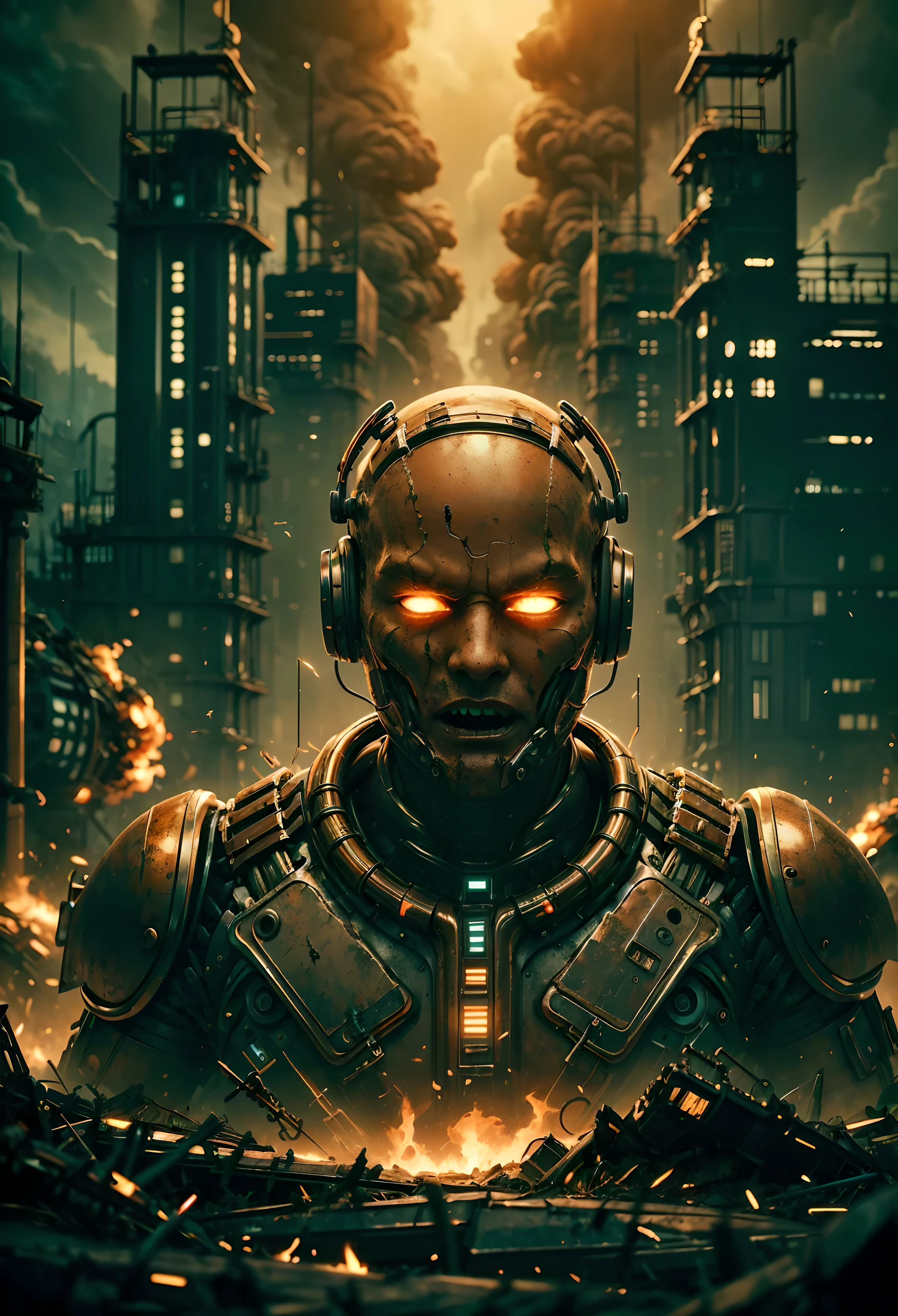 In a dystopian industrial complex with thick fog and haze , Silhouette of a landscape installation by Ridley Scott : like an explosive dystopian but extremely detailed and beautiful graphic - a diagram in the fog Light fog disassembled into a myriad of components Science fiction , the robotic head takes shape as a mere fragment of a beautiful rusty cyborg face , grainy and punk that begins to emerge . Flock of birds that fly away . Between the intricate amalgamation of metals , plastics, precious alloys , glass , and plasma content , a subtle hint of a screaming profile begins to materialize a fragmented face that encompasses the promise of expression in its meticulously assembled chaos.
very detailed, High Definition, RAW photograph, masterpiece, top quality , better quality, official art,highest detail, atmospheric lighting , film composition , complex multiple subjects , 4K HDR, vibrant art , of the best quality , Leica Q2 with Summilux 35mm f/1.2 ASPH , very high resolution , wallpaper , 8k , Rich texture details, of the best quality , detailed eyes , detailed background, dramatic angle, epic composition , high quality , (8k , RAW photo, very high quality ), hyperrealistic,