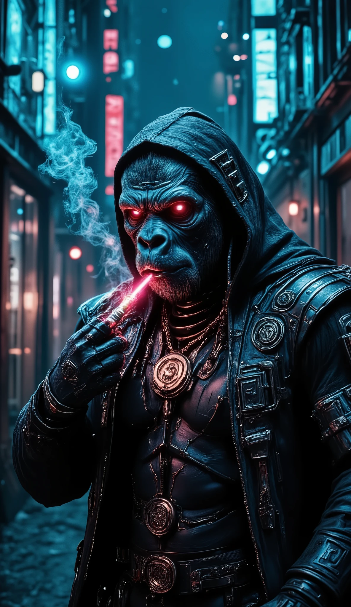 Create a cyberpunk-style portrait of a futuristic gorilla with a rugged, battle-worn appearance. His face is scarred, with piercing, glowing cybernetic eyes and a mechanical eyepatch covering one side. His fur is a mix of natural texture and metallic implants, seamlessly integrated into his muscular frame.
He wears a high-tech, heavy-duty jacket adorned with intricate cybernetic details, glowing symbols, and metallic emblems. His hood is slightly raised, casting dramatic shadows over his intense expression. His breath emits a faint neon mist in the cold night air.
He smokes a futuristic, glowing neon cigar with mysterious symbols engraved on it, the ember pulsing with energy. Around his neck, a cluster of cybernetic wires and glowing components connect to his body, reinforcing his enhanced nature.
The background showcases a futuristic neon-lit cityscape with towering skyscrapers, blurred cybernetic billboards, and a mix of blue and red lighting that reflects dramatically on his metallic elements. The scene is moody, intense, and cinematic, capturing the essence of a powerful, street-hardened cybernetic gorilla in a dystopian world.