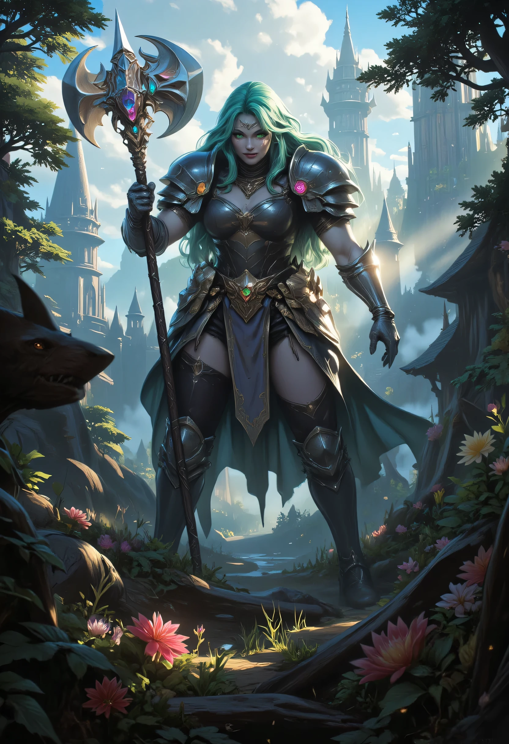a fantasy art illustration of a  female giant knight armed with a mighty axe standing in a fantasy forest, she is taller than the trees, a wild beautiful, exotic beautiful giant knight, ((anatomically correct: 1.5), (ultra detailed face: 1.2), best detailed face, green hair color, dynamic hair style, armed with a giant axe, shiny axe, its blade reflects the sunlight, studded with gems, wearing lavender glass armor, wearing black leather jacket, colorful flowers entwined in her axe, dynamic armor color, wearing high heeled boots, standing near a fantasy temple, magnificent temple, in a dark forest, plenty of trees,  with a tower, clouds in the sky some sun rays, vibrant, Hyperrealism style, vibrant, Ultra-high resolution, High Contrast, (masterpiece:1.5), highest quality, Best aesthetics), best details, best quality, highres, ultra wide angle, 16k, [ultra detailed], masterpiece, best quality, (extremely detailed) RAW, invert color, Irelia, ne0nfant4sy