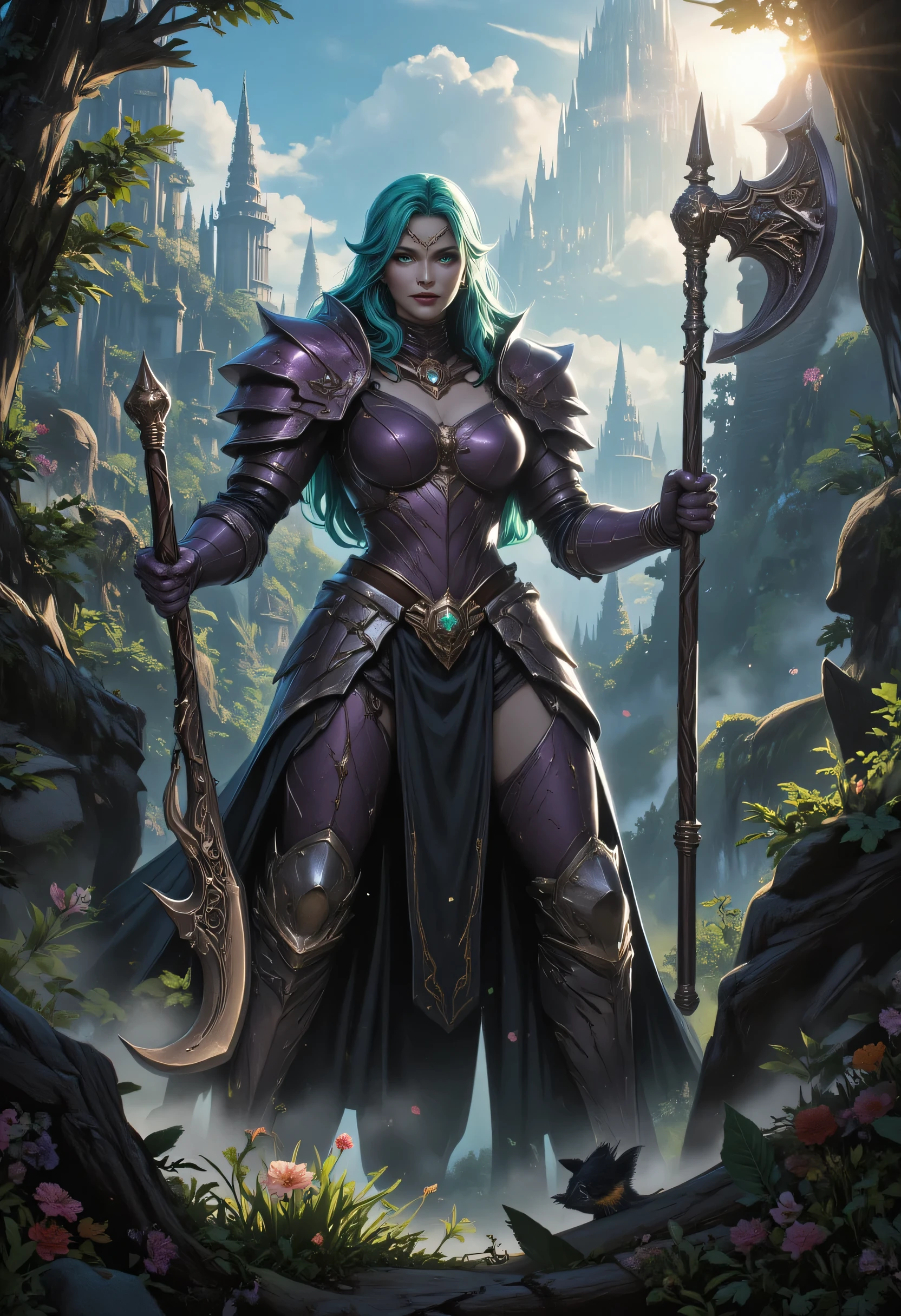 a fantasy art illustration of a  female giant knight armed with a mighty axe standing in a fantasy forest, she is taller than the trees, a wild beautiful, exotic beautiful giant knight, ((anatomically correct: 1.5), (ultra detailed face: 1.2), best detailed face, green hair color, dynamic hair style, armed with a giant axe, shiny axe, its blade reflects the sunlight, studded with gems, wearing lavender glass armor, wearing black leather jacket, colorful flowers entwined in her axe, dynamic armor color, wearing high heeled boots, standing near a fantasy temple, magnificent temple, in a dark forest, plenty of trees,  with a tower, clouds in the sky some sun rays, vibrant, Hyperrealism style, vibrant, Ultra-high resolution, High Contrast, (masterpiece:1.5), highest quality, Best aesthetics), best details, best quality, highres, ultra wide angle, 16k, [ultra detailed], masterpiece, best quality, (extremely detailed) RAW, invert color, Irelia, ne0nfant4sy