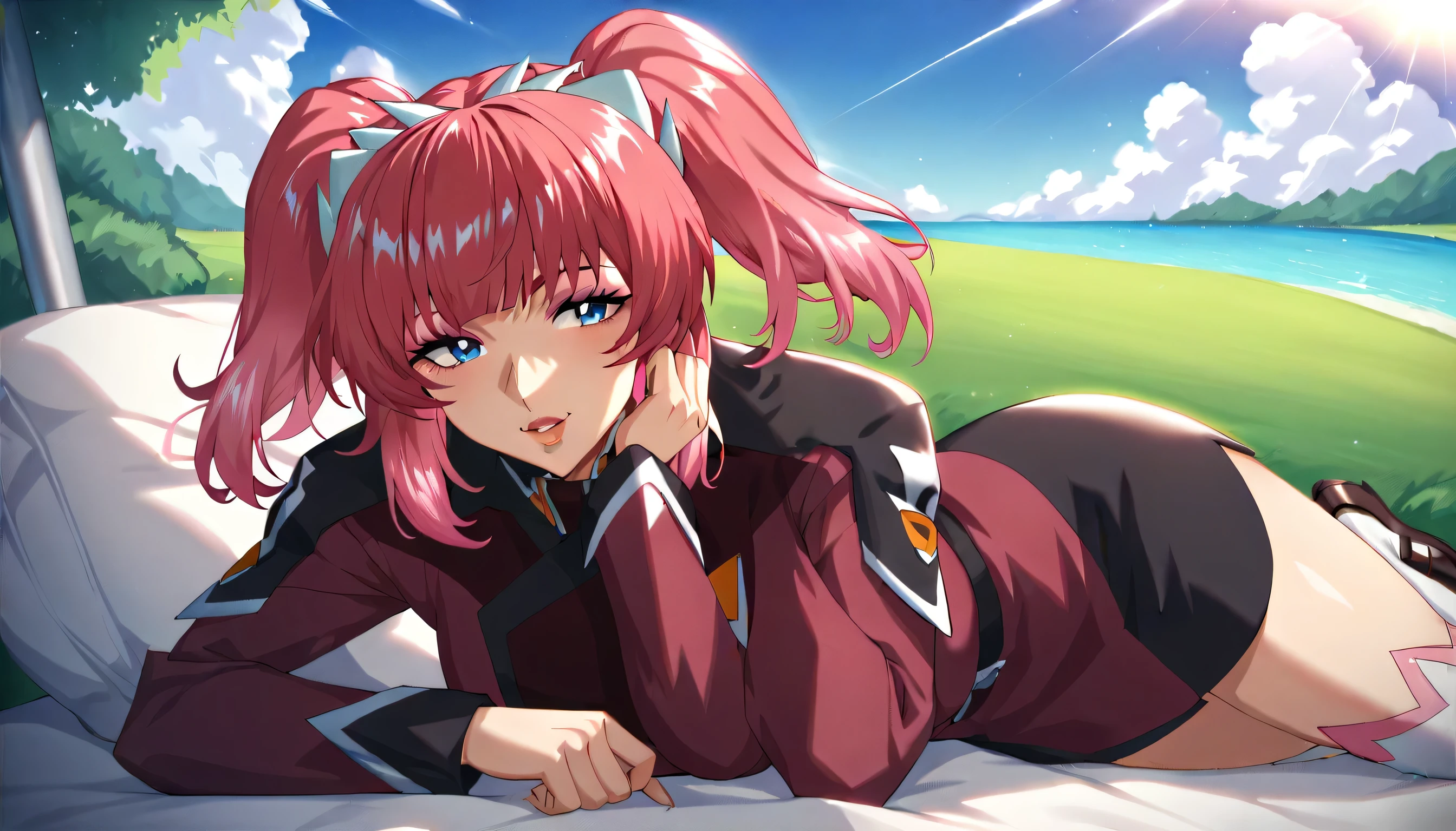 Mature,adult female,score_9, score_8_ up, score_7_ up, source_Anime, rating_safe k ,Agnes Giebenrath,  blue eyes,  twin tails,  pink hair, Red Hair,   gradient hair, make up,  eyeshadow,  miniskirt, uniform,   long sleeve  ,  white legwear, anime coloring,2d,looking at viewers,lying ,outdoor,day,sunlight,clouds,