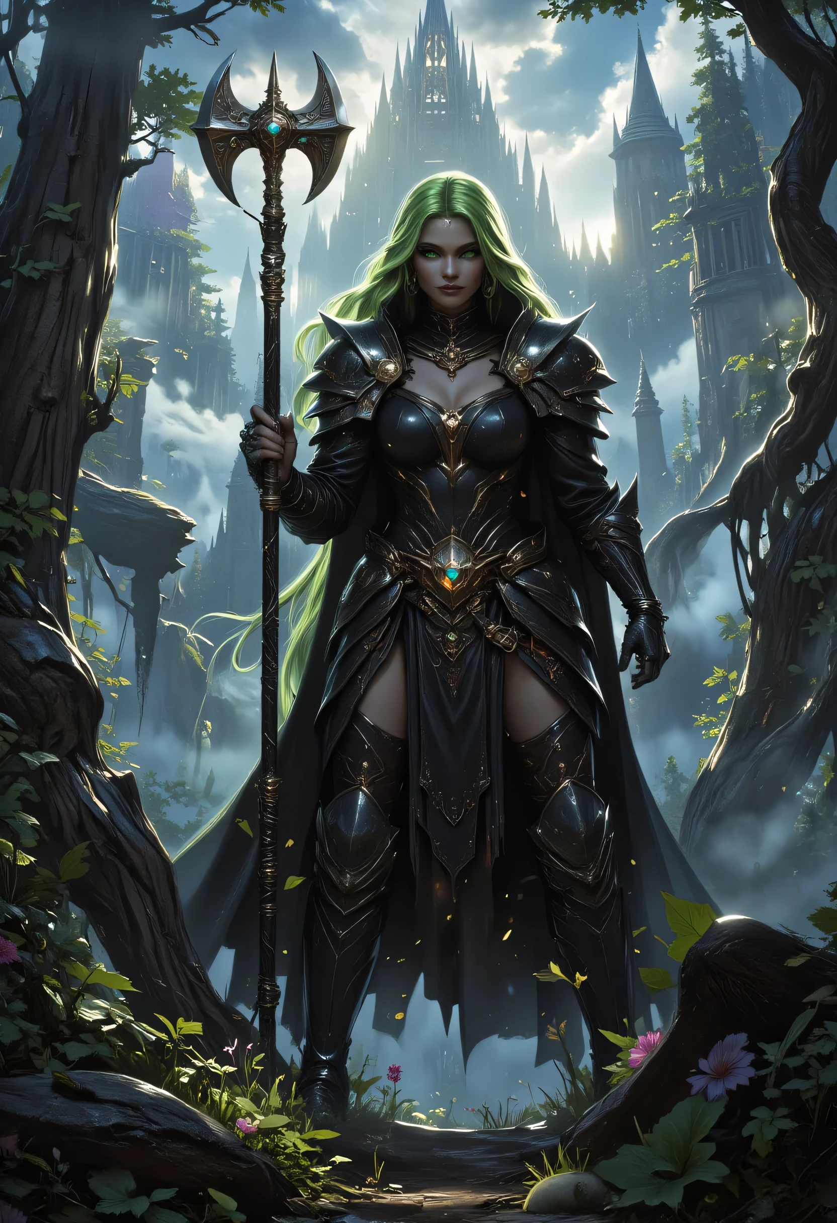 a fantasy art illustration of a  female giant knight armed with a mighty axe standing in a fantasy forest, she is taller than the trees, a wild beautiful, exotic beautiful giant knight, ((anatomically correct: 1.5), (ultra detailed face: 1.2), best detailed face, green hair color, dynamic hair style, armed with a giant axe, shiny axe, its blade reflects the sunlight, studded with gems, wearing onyx glass armor, wearing black leather jacket, colorful flowers entwined in her axe, dynamic armor color, wearing high heeled boots, standing near a fantasy temple, magnificent temple, in a dark forest, plenty of trees,  with a tower, clouds in the sky some sun rays, vibrant, Hyperrealism style, vibrant, Ultra-high resolution, High Contrast, (masterpiece:1.5), highest quality, Best aesthetics), best details, best quality, highres, ultra wide angle, 16k, [ultra detailed], masterpiece, best quality, (extremely detailed) RAW, invert color, Irelia, hkmagic