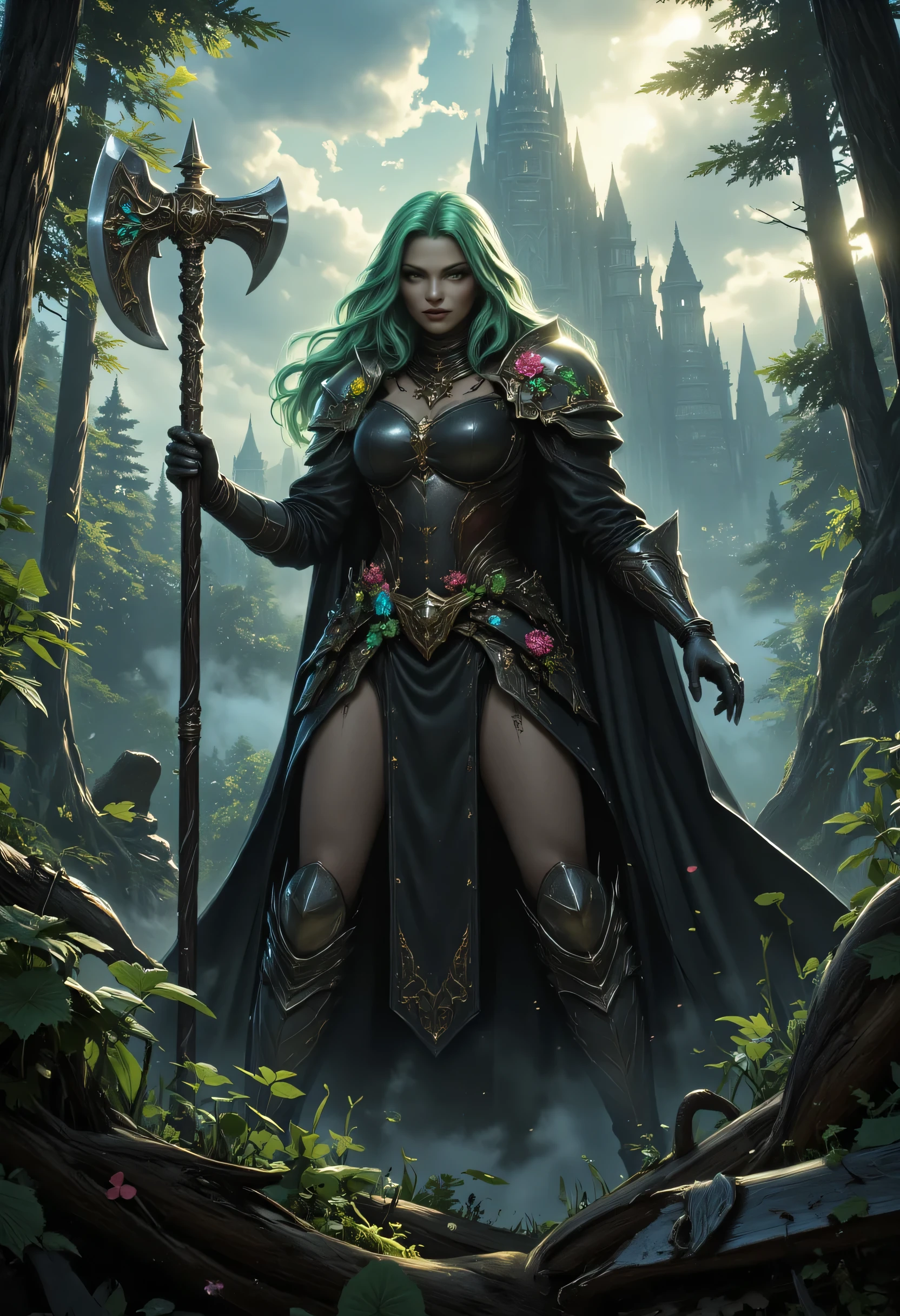 a fantasy art illustration of a  female giant knight armed with a mighty axe standing in a fantasy forest, she is taller than the trees, a wild beautiful, exotic beautiful giant knight, ((anatomically correct: 1.5), (ultra detailed face: 1.2), best detailed face, green hair color, dynamic hair style, armed with a giant axe, shiny axe, its blade reflects the sunlight, studded with gems, wearing onyx glass armor, wearing black leather jacket, colorful flowers entwined in her axe, dynamic armor color, wearing high heeled boots, standing near a fantasy temple, magnificent temple, in a dark forest, plenty of trees,  with a tower, clouds in the sky some sun rays, vibrant, Hyperrealism style, vibrant, Ultra-high resolution, High Contrast, (masterpiece:1.5), highest quality, Best aesthetics), best details, best quality, highres, ultra wide angle, 16k, [ultra detailed], masterpiece, best quality, (extremely detailed) RAW, invert color, Irelia, hkmagic
