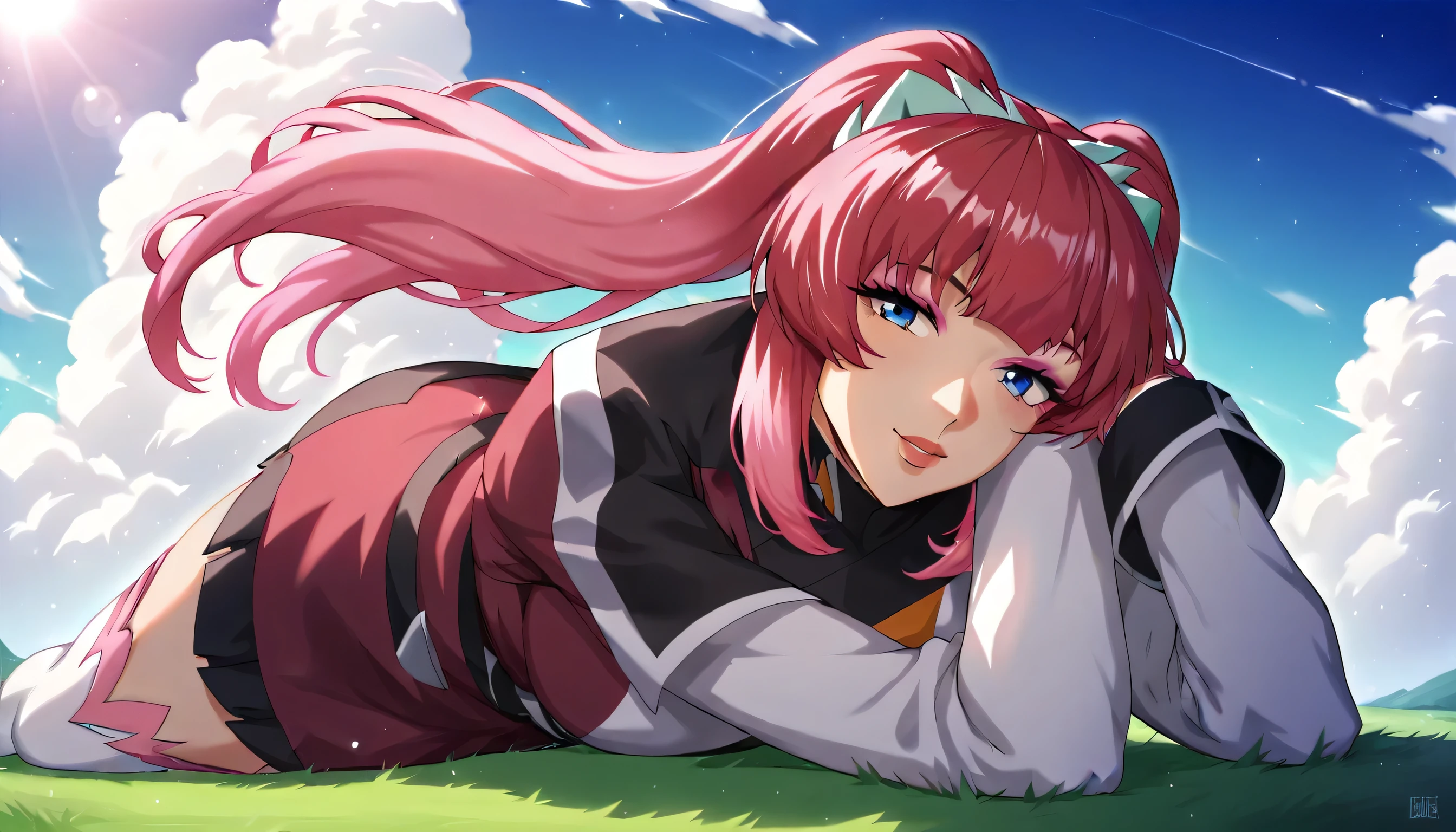 Mature,adult female,score_9, score_8_ up, score_7_ up, source_Anime, rating_safe k ,Agnes Giebenrath,  blue eyes,  twin tails,  pink hair, Red Hair,   gradient hair, make up,  eyeshadow,  miniskirt, uniform,   long sleeve  ,  white legwear, anime coloring,2d,white decorative bra,lying ,outdoor,day,sunlight,clouds,