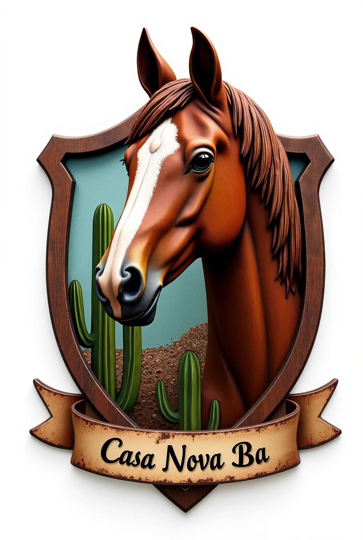 A farm coat of arms logo with a cactus and some grass on the back and the carved realistic wooden head of a brown Mangalarga horse on the front. An aged ribbon underneath, written: "Casa Nova Ba" White background.