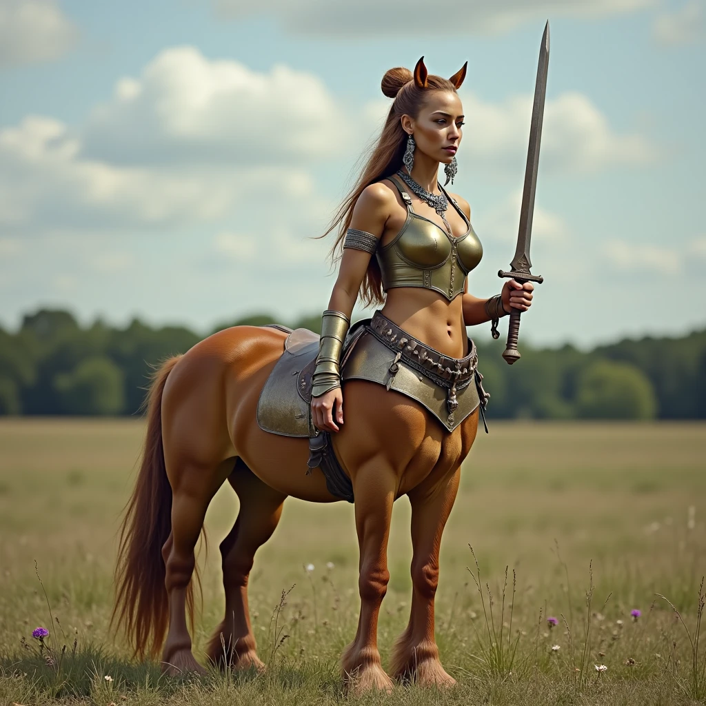 a photo of a female centaur, a horse with the torso and head of a woman, nude, (horsecock), horse with cock, golden skin, olive skin, braided hair bun, holding broken sword, holding purple gem, grassland