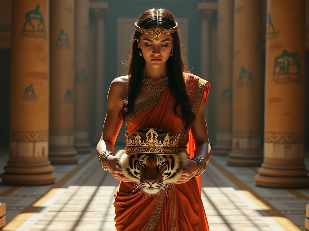 (A girl dressed in the costume of the Queen of Egypt, egyptian makeup, Wearing a golden scarab necklace, Inside the pyramid, sitting on a golden throne, Two heavily armed Egyptian warriors stood on either side of the queen, Realistic lighting effects, Perfect details, Ultra-high resolution 4K)
