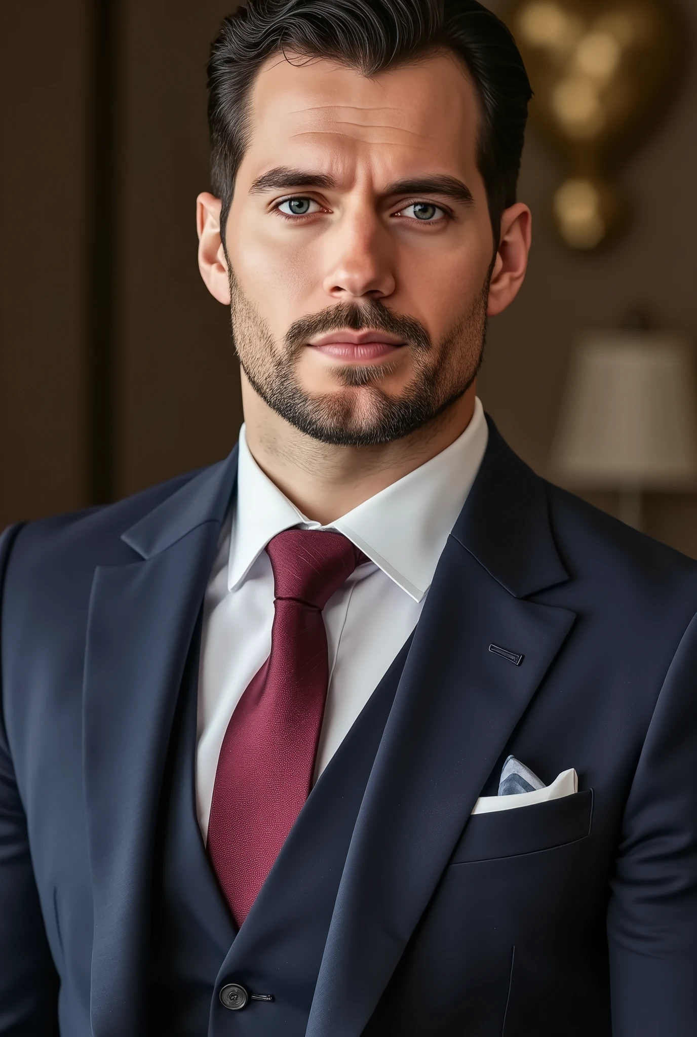 (( Masterpiece )), (( top quality:1.2)), High definition , 8 k, (ultra_ realistic:1.3), (photo realistic:1.4), clear focus , very detailed, incredibly attractive , muscular man , On it ((very expensive , designer suit with jacket, vest and tie , emphasizing , that he is a diplomat :1.5)), flawlessly sitting , emphasizing his figure . The man has a square face with a clear jaw line, accentuated by masculinity . almond brown eyes , expressive , with a slight predatory squint . short hair, classic haircut , brunette, age 37 years. Man tall , massive, wide, strong chest, (( emphasized abdominal muscles and perfectly pumped arms :1.5)), detailed skin texture , ((Shining, well-groomed white skin , beautifully shaved face :1.4)). ( The background is the embassy's office ).