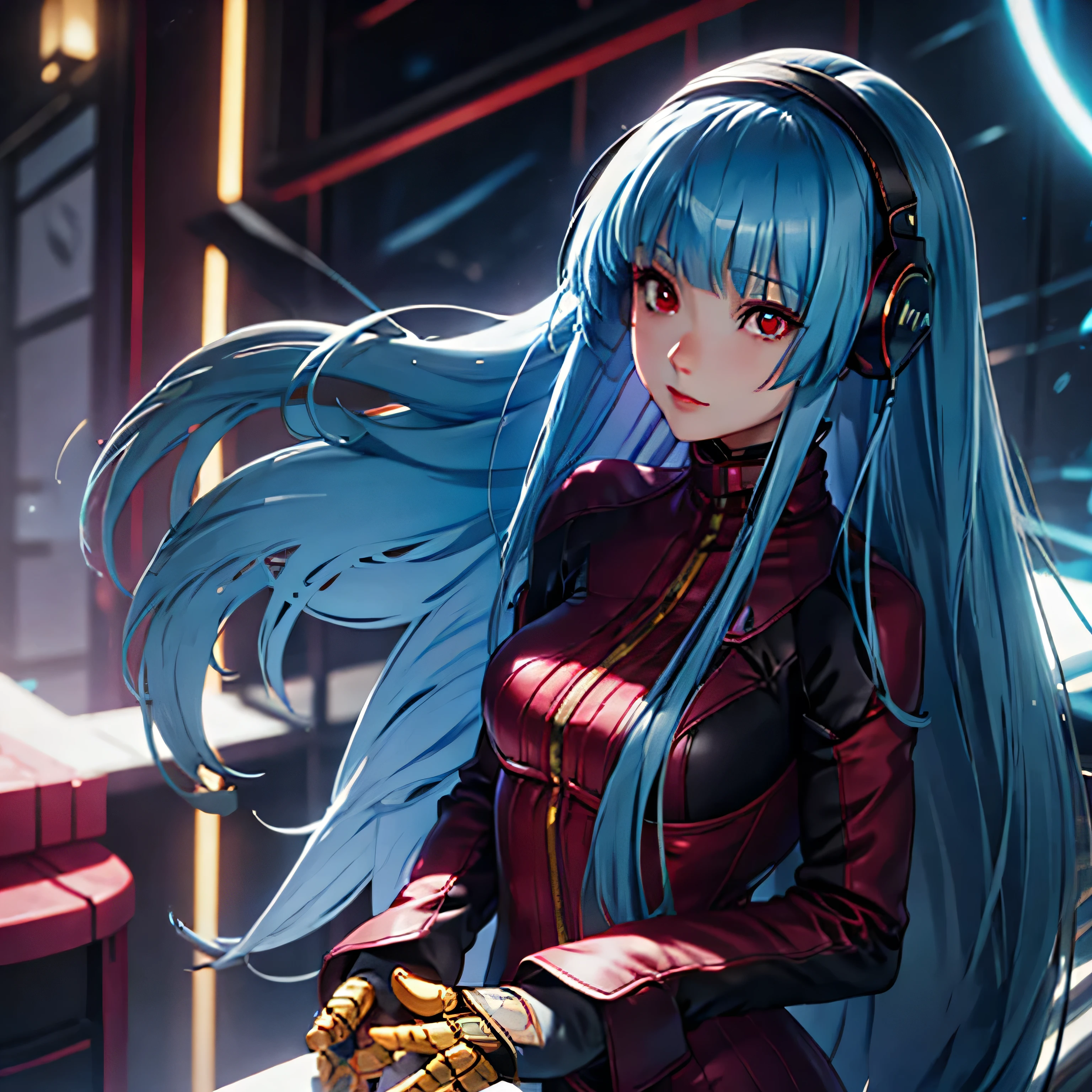 1girl, with headphones, kula diamond, long hair, blue hair, red eyes, happy