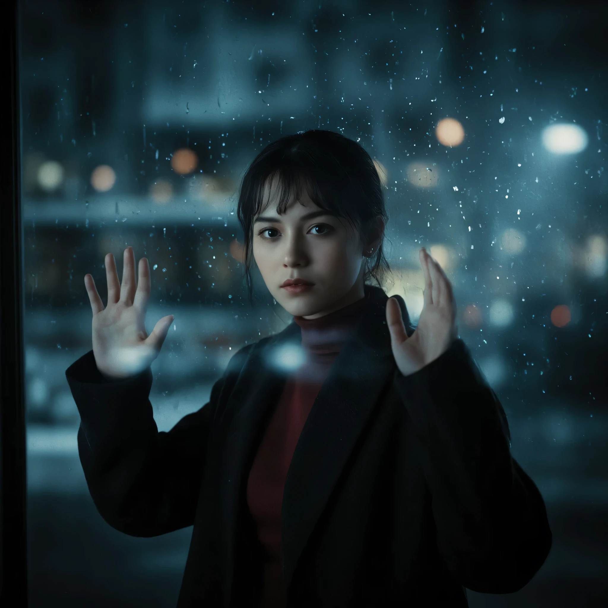 (A professional photograph)++++, hyper-realistic, (a young woman)+++ standing behind a rain-covered glass window, nighttime. Wearing a dark coat over a high-necked, deep red sweater, suggesting cold atmosphere. Her hands gently pressed against fogged-up glass, fingers slightly spread apart. (Dark brown hair styled with soft bangs)++, melancholic expression, deep eyes gazing into distance, lost in thought. Urban night scene outside with blurred city lights and reflection of a bus, creating cinematic bokeh effect. Moody and atmospheric color palette, dominated by cool blue tones with warm city light hints, fluorescent glow inside. Wet glass distorts reflections, adds depth and sense of isolation. Dramatic lighting, soft highlights on face, shadows enhancing emotional depth. Sharp and textured image, visible rain droplets on glass, detailed facial features, photorealistic masterpiece.