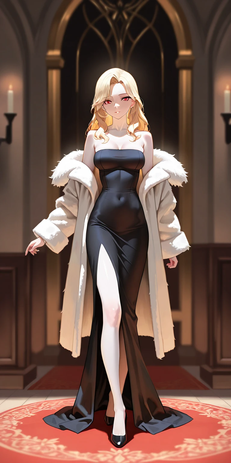 platinum blonde, wavy hair, very long hair, long lashes, smile, sexy, beauty, full body, fluffy luxury Fur Warm Coat