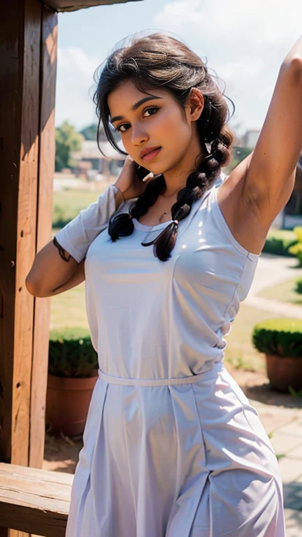 masterpiece、1 beautiful girl、fine eyes、smile,puffy eyes、highest quality, 超High resolution, (reality: 1.4), movie lighting、super beautiful、beautiful skin、body facing forward、Upper body,close up of face,(Ultra-realistic)、(High resolution)、(8k)、(very detailed)、(Beautiful and fine eyes)、(Super detailed)、 (wall-)、detailed face、bright lighting、professional lighting、looking at the viewer、look straight ahead、slanted bangs、perfect cosplay,Pai-chan, Twin braids with blue ribbon, brown eyes, double good,black hair,
Are standing, alone , Upper body, combat readiness, 
blue cheongsam, red obi, pants, No sleeve, blue sky, cloudy, evening,
(Extremely detailed, Beautifully detailed face, masterpiece, highest quality 
 high quality, masterpiece mature appearance,armpits,sweat,sweaty,sweaty armpits,arms up,showing armpits,awesome armpits,outfit,blackish red arm warmers,maroon arm bands, maroon arm warmers,both arms raised