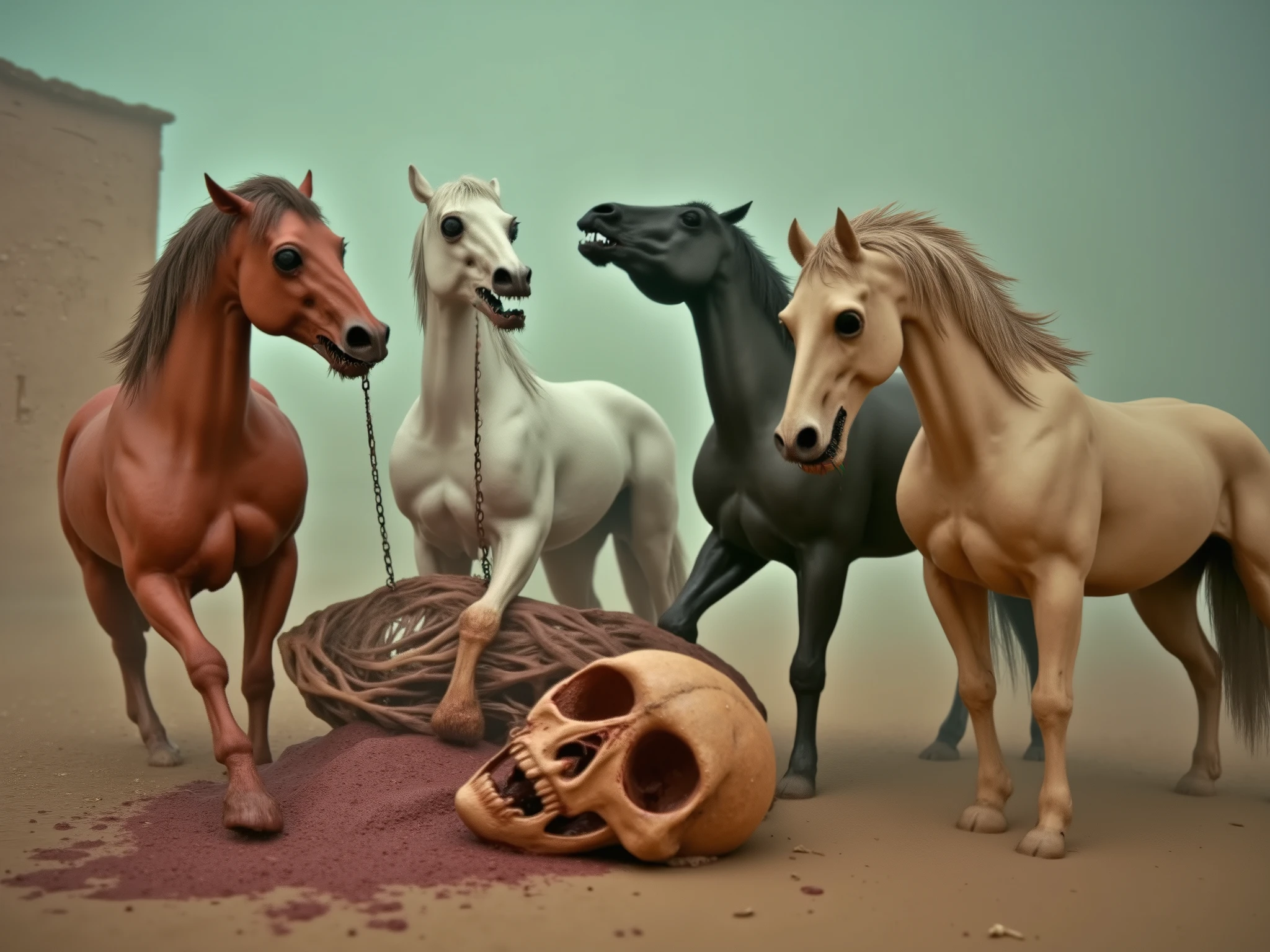four horses devouring a skeleton, in ancient Greece, mythological, cinematic, dramatic. The horses are colored white, black, chestnut, and caramel. dragging thick chains. flesh, blood, guts. bloody skeleton with guts hanging out. perfect anatomy, skull, bones,